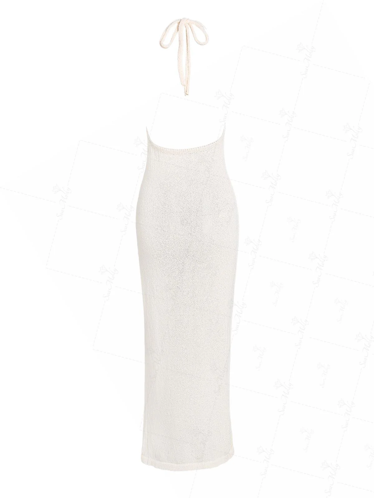 Rückenfreies Neckholder-Maxikleid mit 3D-Blumenmuster und Schlitz am Oberschenkel, Strandüberzug aus Strick - Image 7
