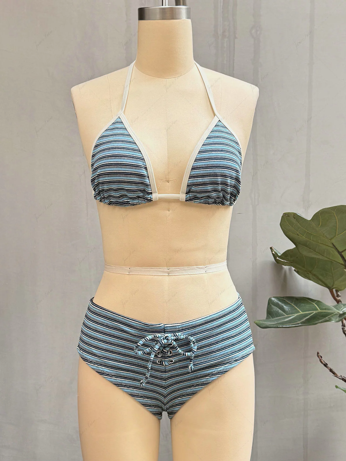 Blue Knit Striped Ribbed Lace-Up Bikini Set - Image 2