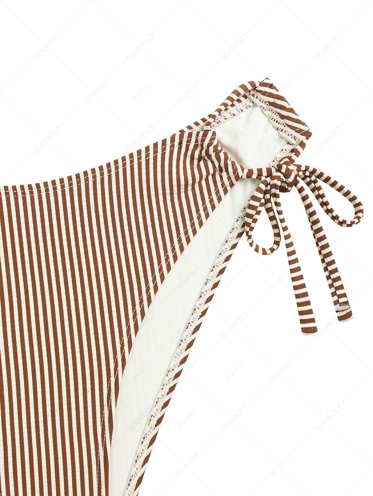 Seamolly – Gestreifte Bikinihose mit seitlicher Schnürung und voller Abdeckung in Kaffee - Image 3