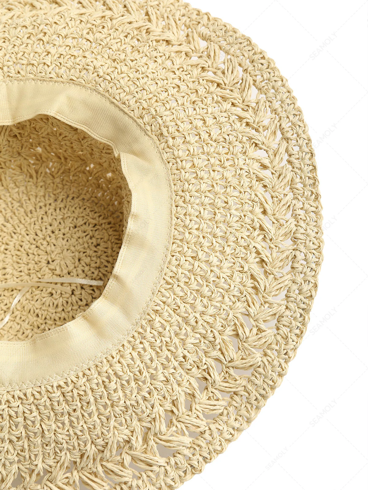 Crochet Hollow Out Floppy Foldable Wide-Brim Straw Bucket Sun Hat - Image 5