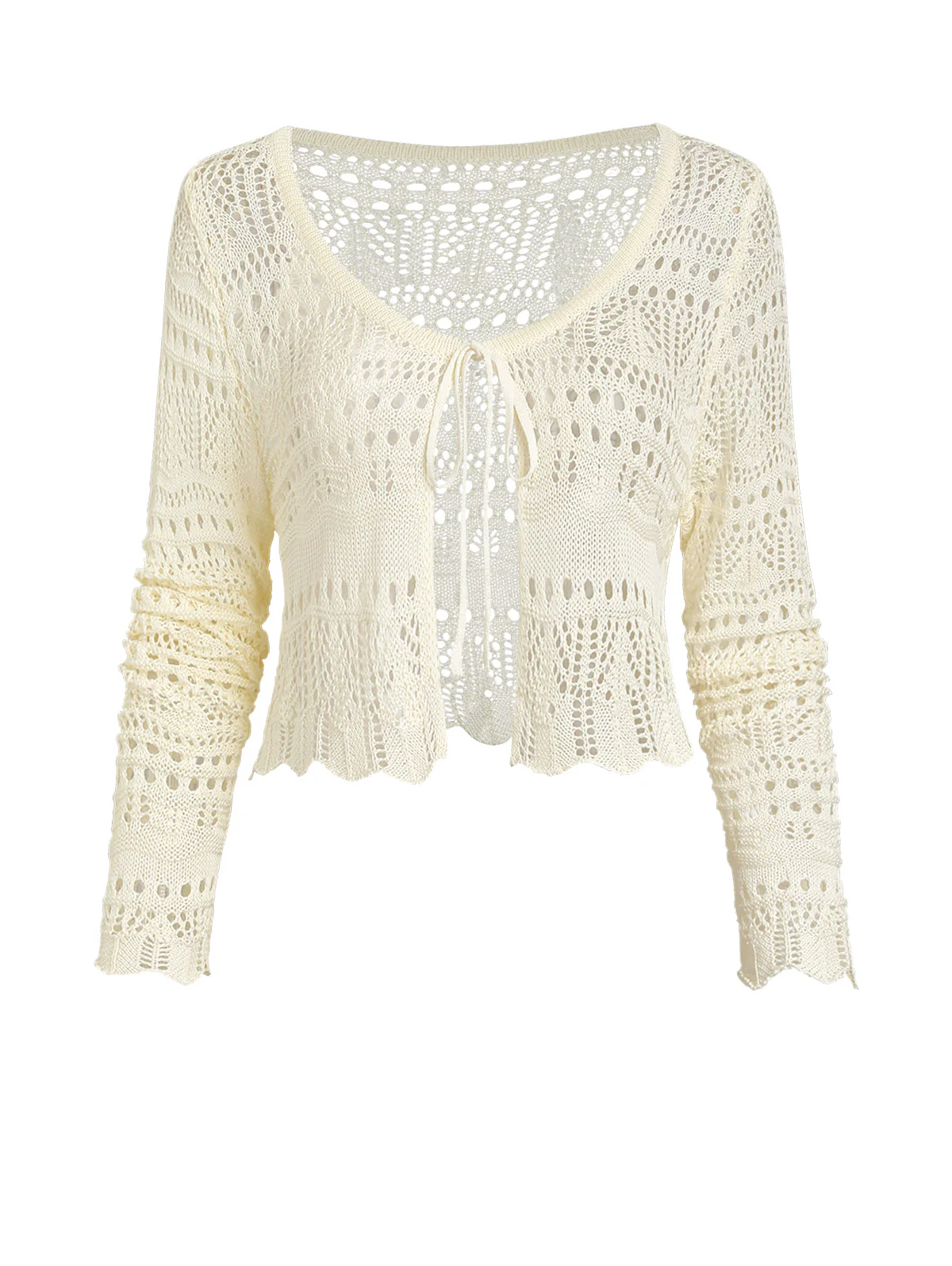 Crochet Knit Openwork Tie Front Long Sleeve Cover Up Cardigan - Image 2