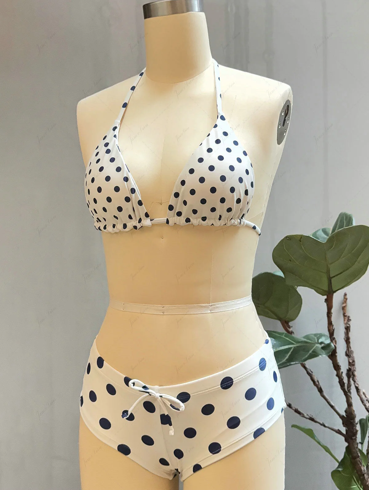 Crystal Cream Vintage Polka Dot Reversible Halter Triangle Bikini Set - Image 2