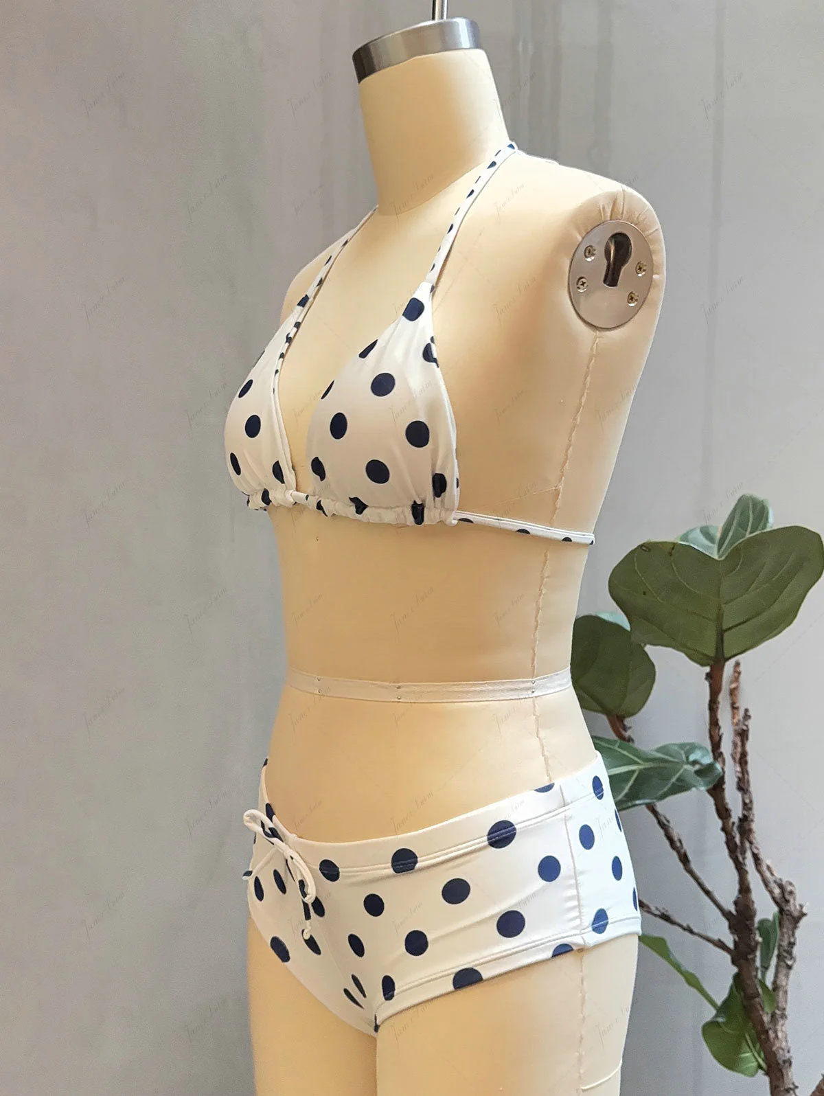 Crystal Cream Vintage Polka Dot Reversible Halter Triangle Bikini Set - Image 3