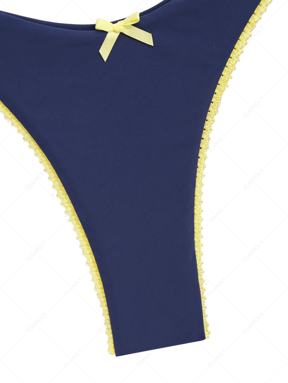 Tiefblaue, freche Bikinihose mit kontrastierender Spitze und Schleife - Image 3