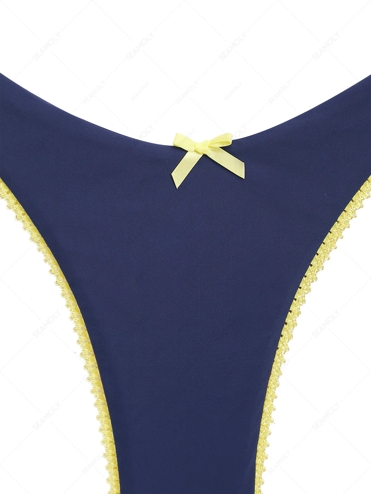 Tiefblaue, freche Bikinihose mit kontrastierender Spitze und Schleife - Image 4