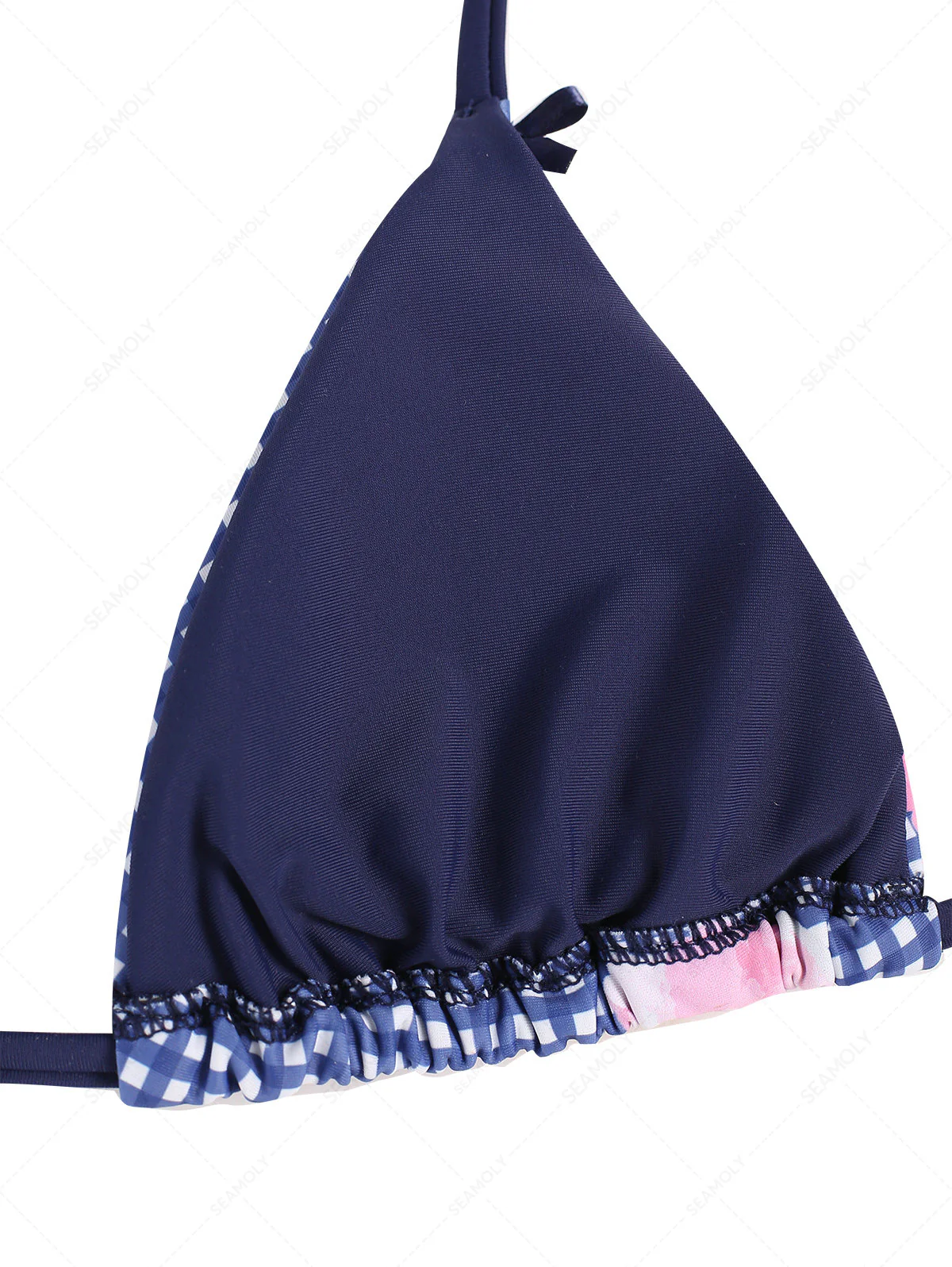 Tiefblaues, kariertes Triangel-Bikinioberteil mit Blumenmuster und Schleife - Image 10