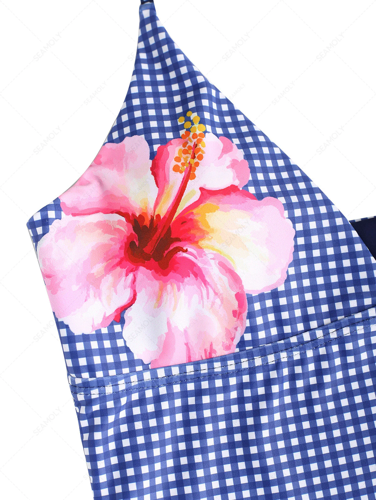 Dunkelblaues kariertes Hawaii-Blumen-Halter-Bikini-Tankini-Top - Image 10