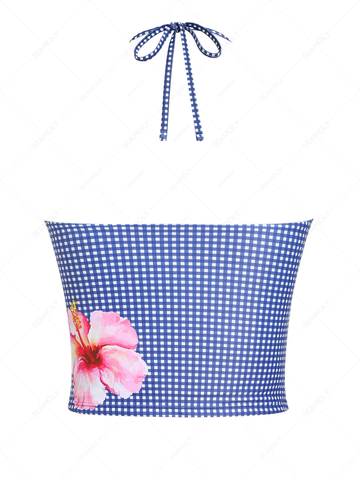 Dunkelblaues kariertes Hawaii-Blumen-Halter-Bikini-Tankini-Top - Image 9