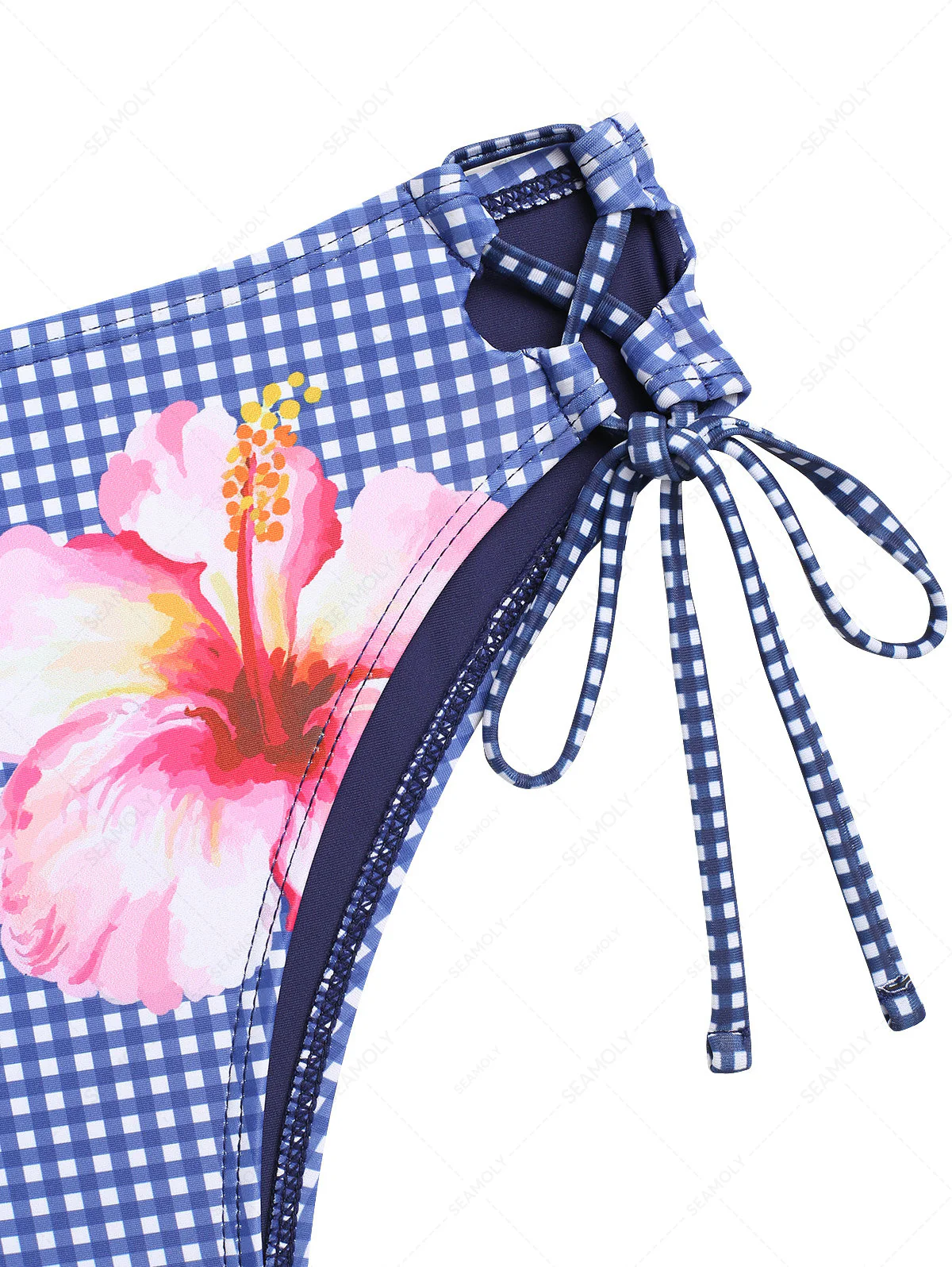Dunkelblaues Bikinihöschen mit Hawaii-Karo, floralem Muster und Schnürung an den Seiten. - Image 3