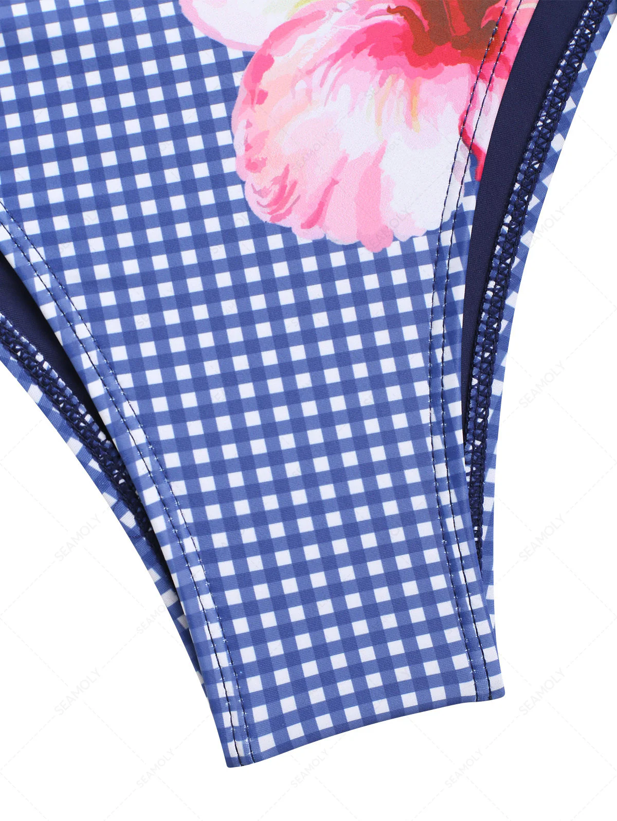 Dunkelblaues Bikinihöschen mit Hawaii-Karo, floralem Muster und Schnürung an den Seiten. - Image 4