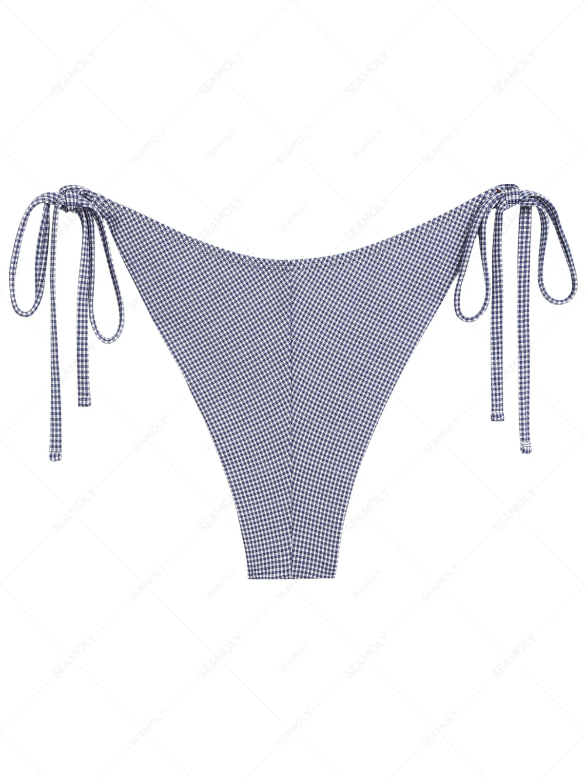Tiefblaues, vintage-kariertes Bikinihöschen mit Schleife an der Seite, frecher brasilianischer Schnitt - Image 9