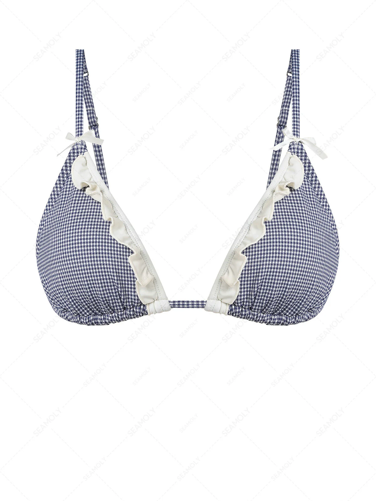 Tiefblaues Vintage-Bikinioberteil mit Karomuster, Rüschen und Schleife - Image 2