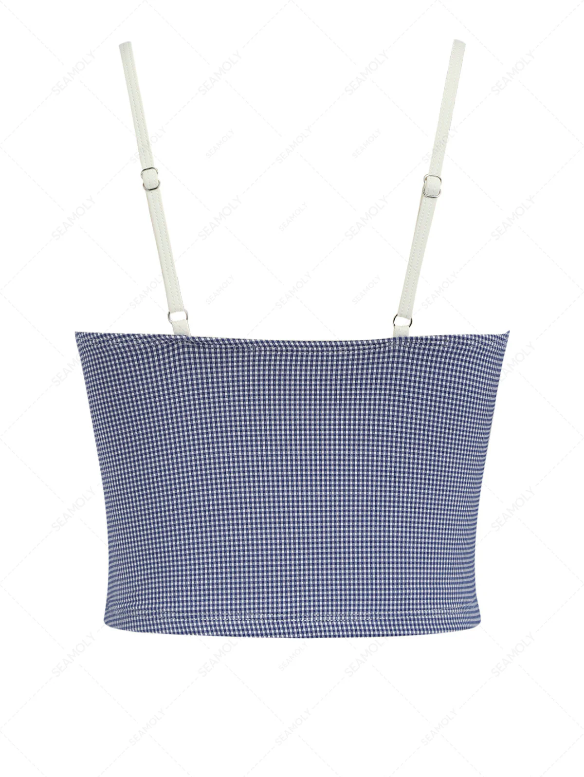 Tiefblaues Vintage-Bikini-Tankini-Oberteil mit Karomuster, Rüschen und Schleife - Image 10