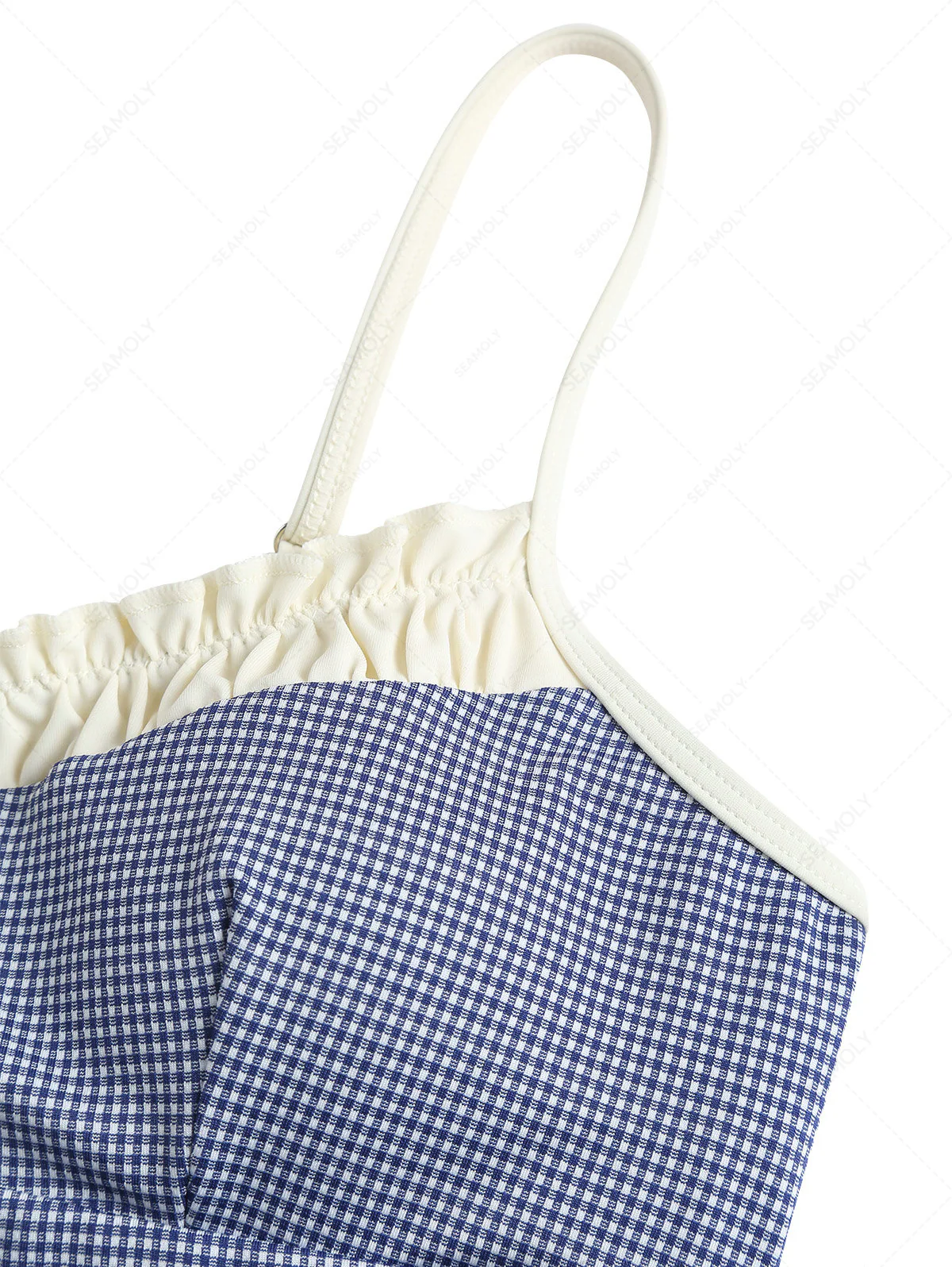 Tiefblaues Vintage-Bikini-Tankini-Oberteil mit Karomuster, Rüschen und Schleife - Image 11