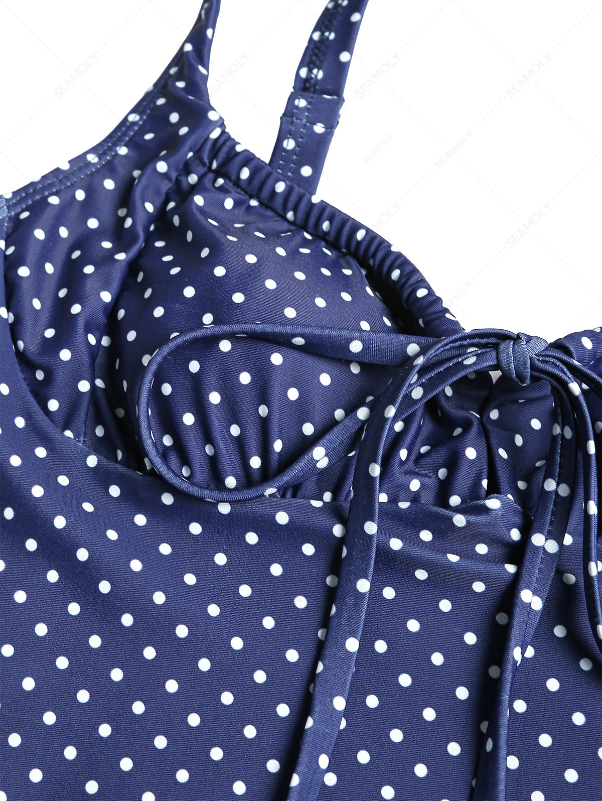 Dunkelblauer Vintage-Badeanzug mit Polka-Dots im Stil der 1950er Jahre, komplett bedeckend, inspiriert von Pin-up-Girls. - Image 3