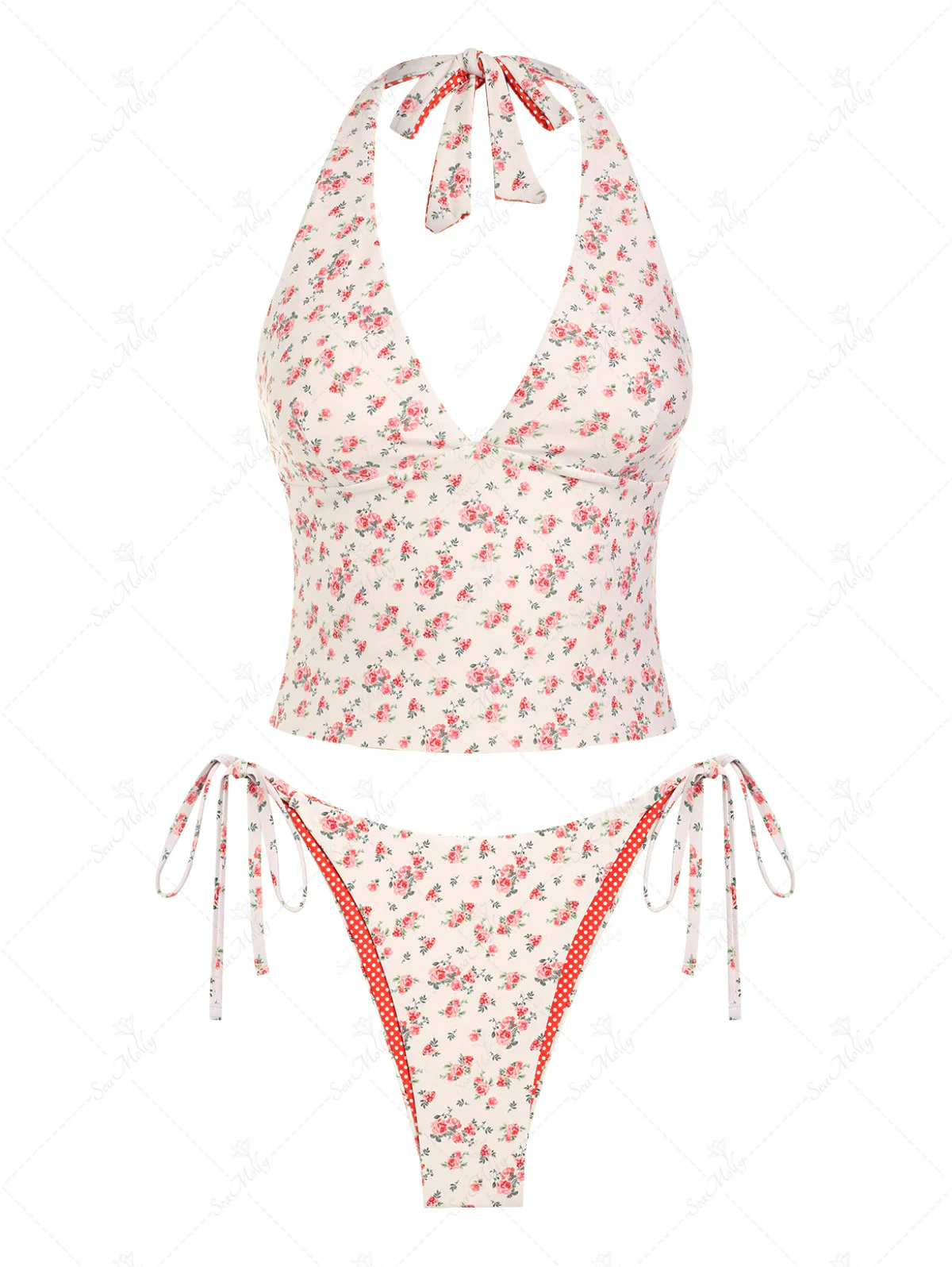 Seamolly Vintage Wendbares Tankini-Set mit zartem Blumenmuster und Polka Dots, Neckholder und seitlichen Bindebändern - Image 3