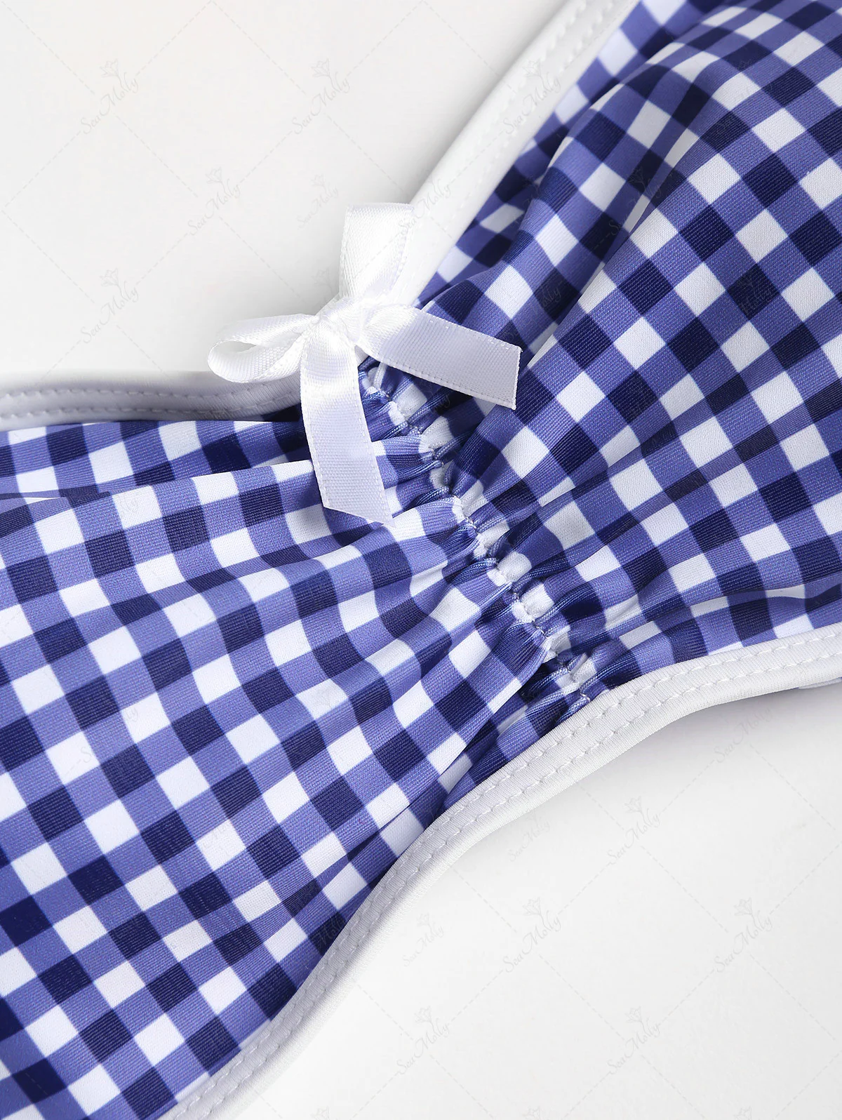 Seamolly – Bandeau-Bikini-Set im Vintage-Stil in Blau mit Gingham-Muster, Schleifendekor, gerüschtem Schnürverschluss - Image 4