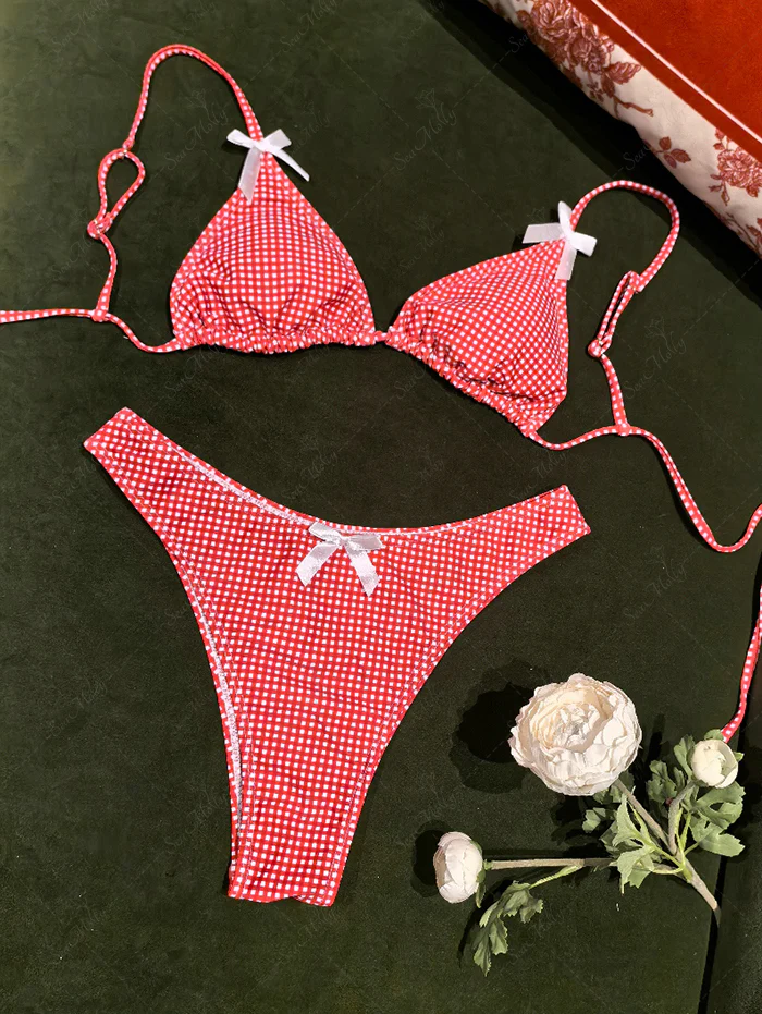Seamolly – Rotes Triangel-Bikini-Set mit Gingham-Muster und Schleifendekor - Image 5