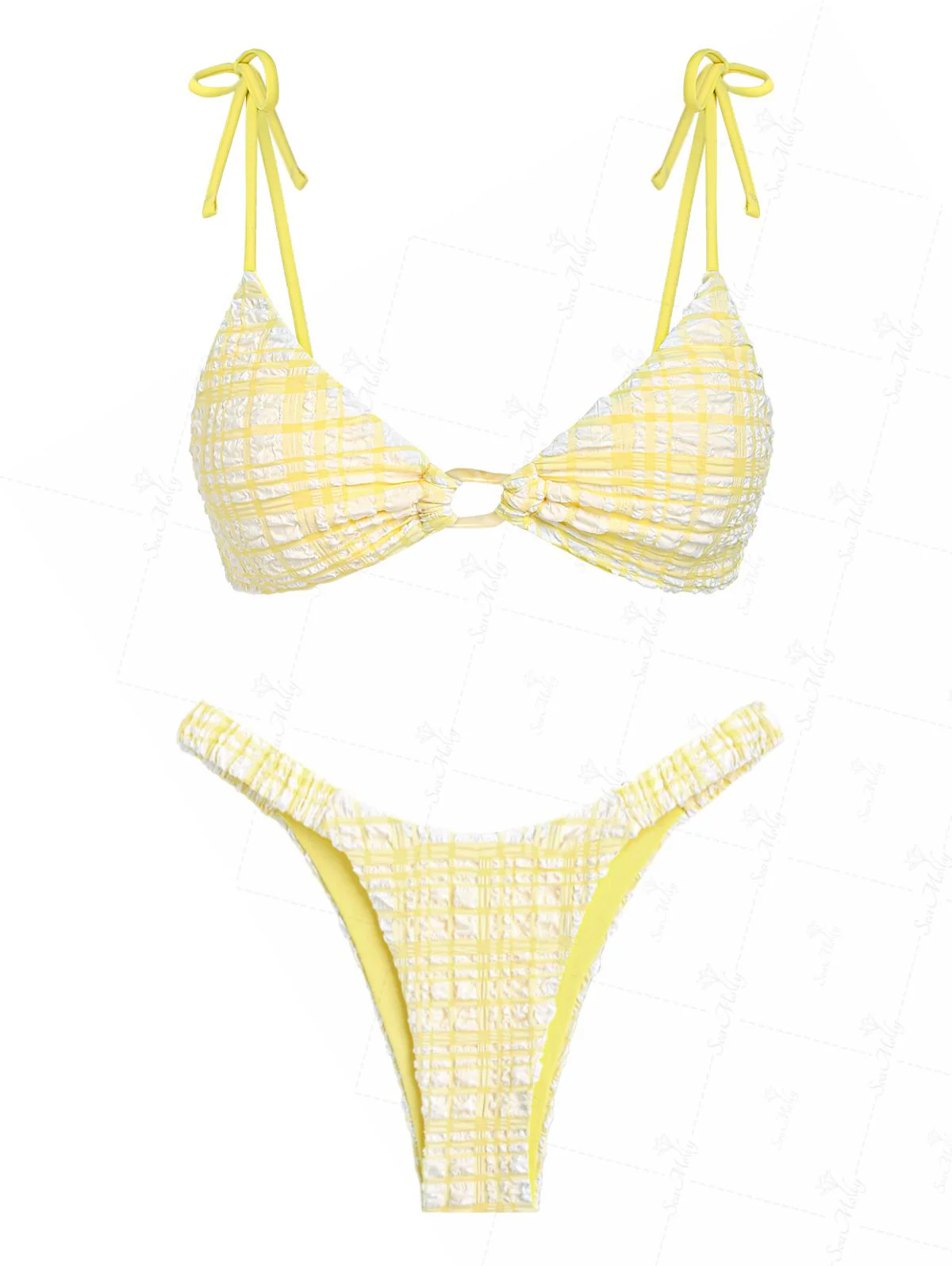 Seamolly – Bikini-Set mit hohem Beinausschnitt und Gingham-Muster in Kontrastfarbe und gebundenen Schultern - Image 2