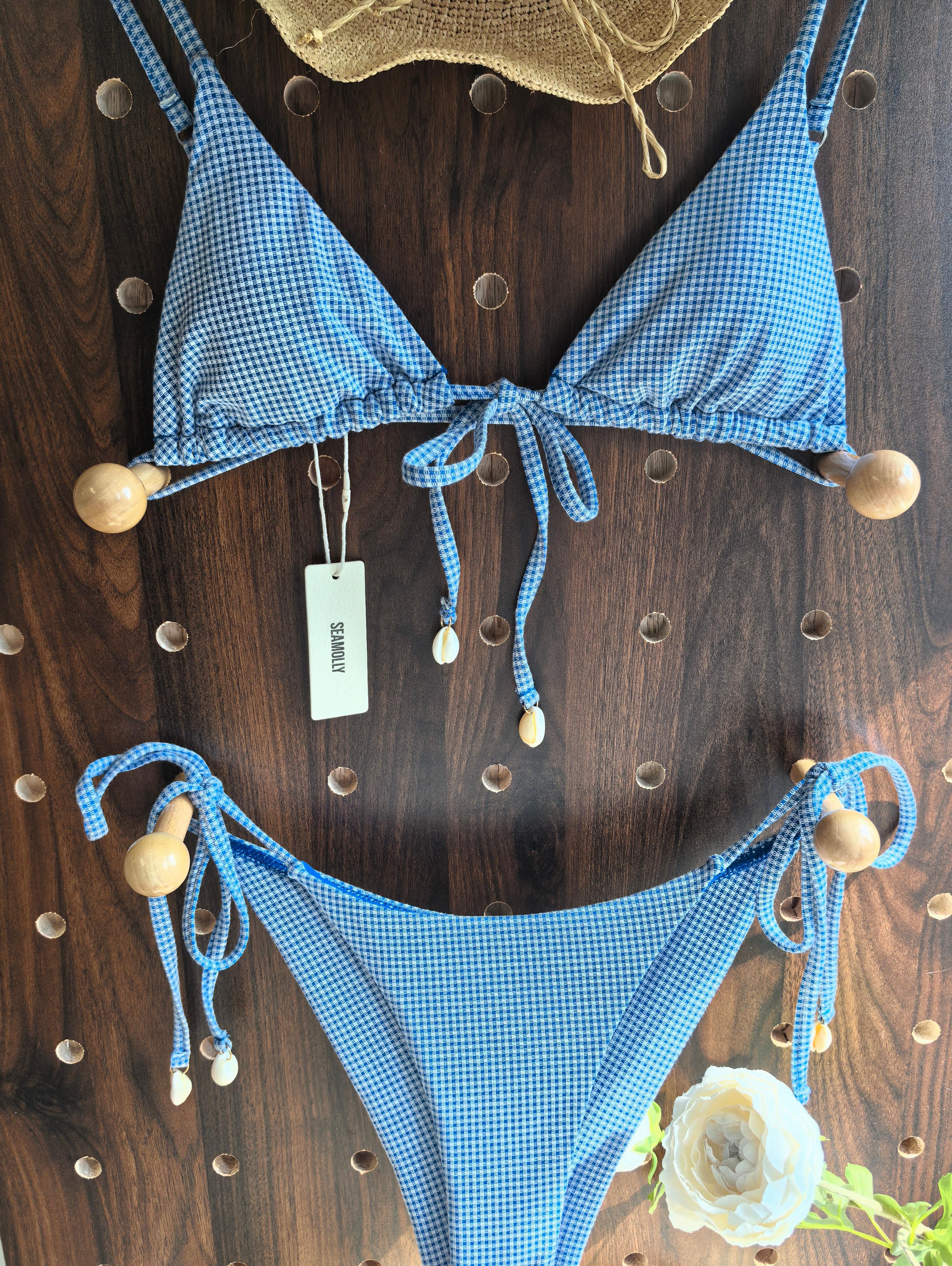 Seamolly Vintage Gingham Muscheldekor Triangel-Bikini-Set mit Triangel-Oberteil und frechem brasilianischem Höschen - Image 7