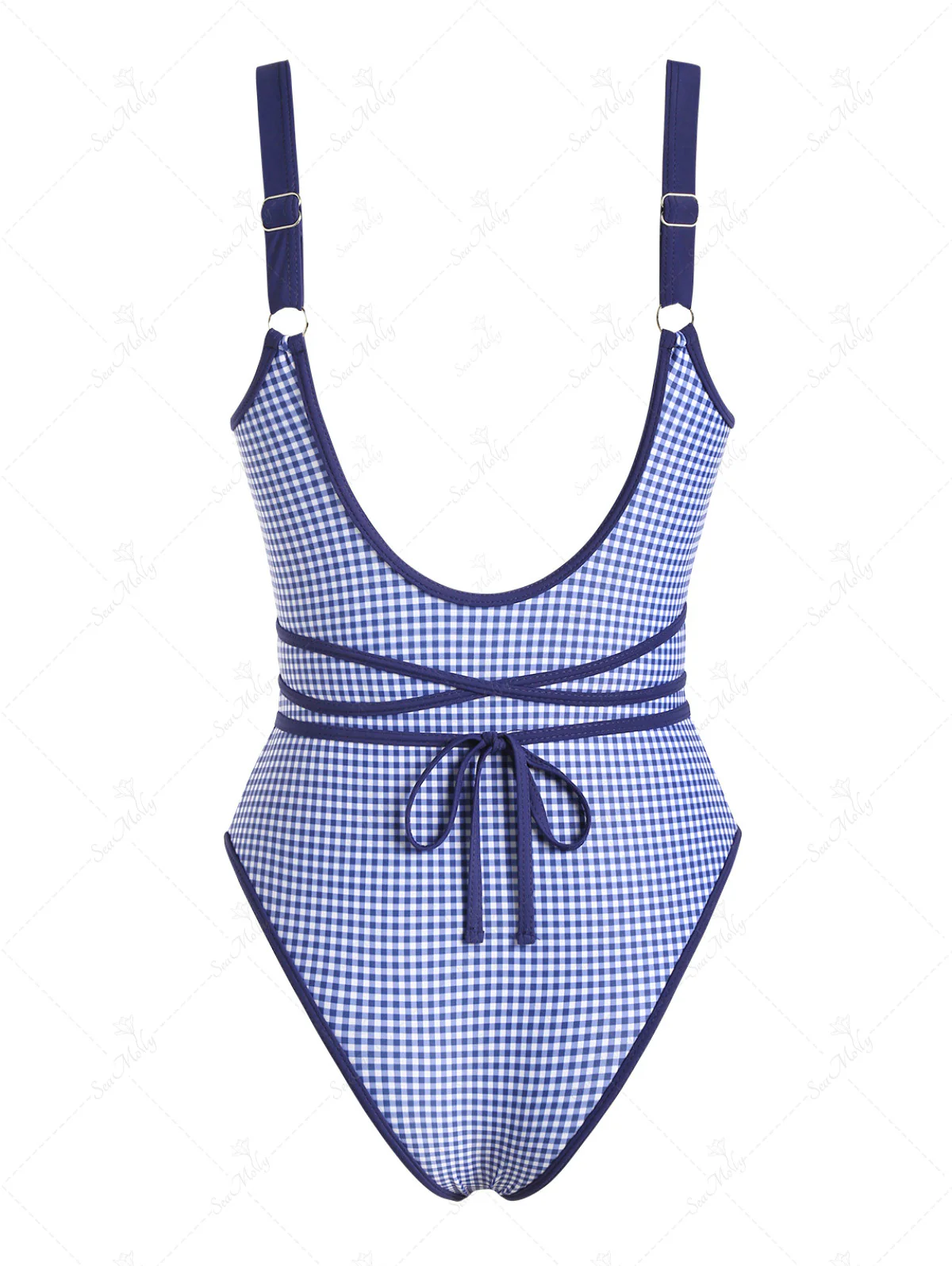 Seamolly 1950er Pin-Up Retro Vintage Badeanzug mit Karomuster, tiefem V-Ausschnitt am Rücken und hohem Beinausschnitt - Image 6