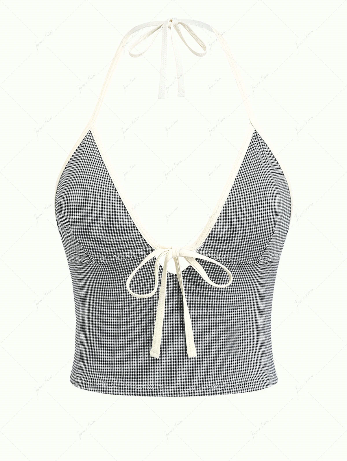 Schwarzes, kariertes Strick-Tankini-Top mit Bindeband vorne, tiefem Ausschnitt und Neckholder