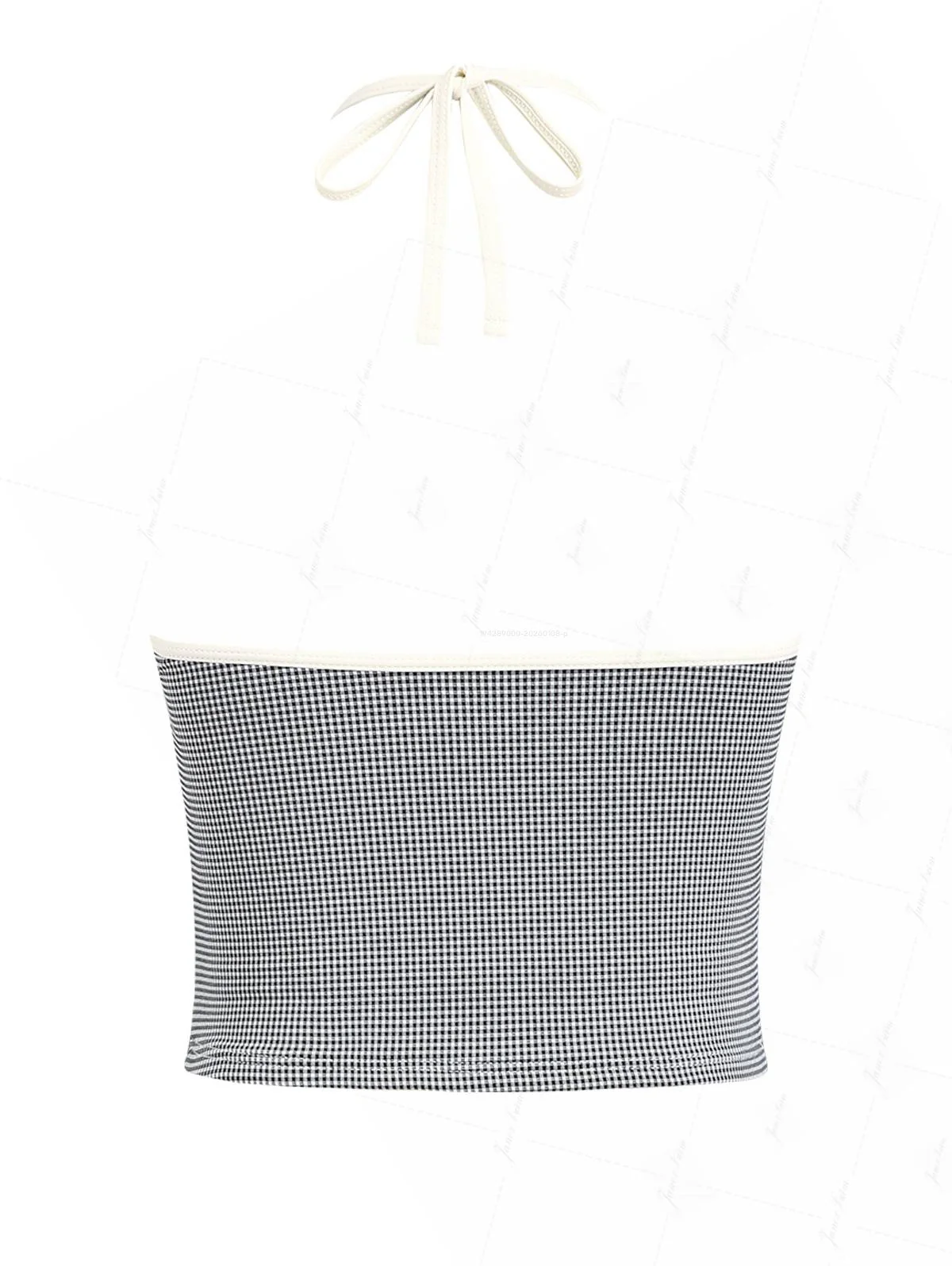 Schwarzes, kariertes Strick-Tankini-Top mit Bindeband vorne, tiefem Ausschnitt und Neckholder - Image 2
