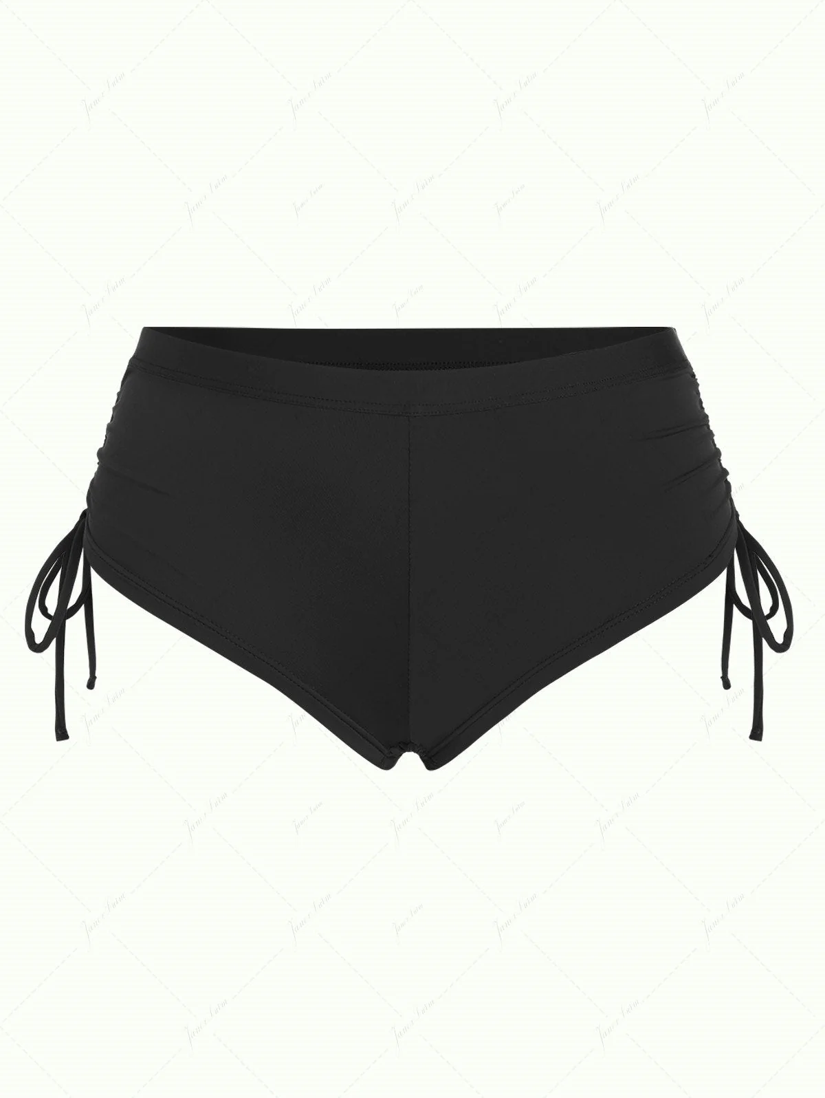 Schwarze, einfarbige Bikinihose mit seitlichem Raffverschluss, freche Badeshorts