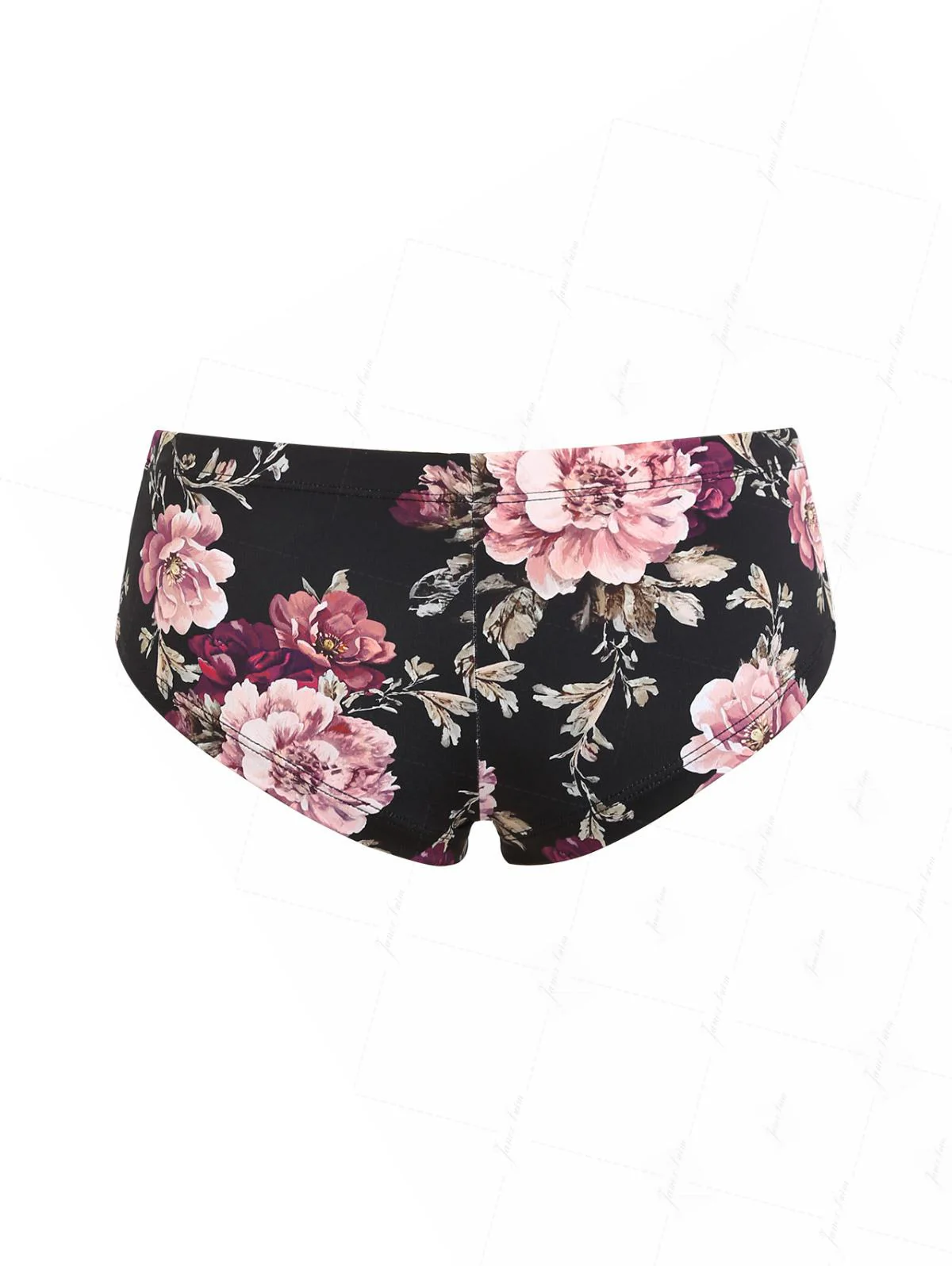 Black Floral Leaf Print Bowknot Bikini Bottom Cheeky Swim Boyshorts - Image 2