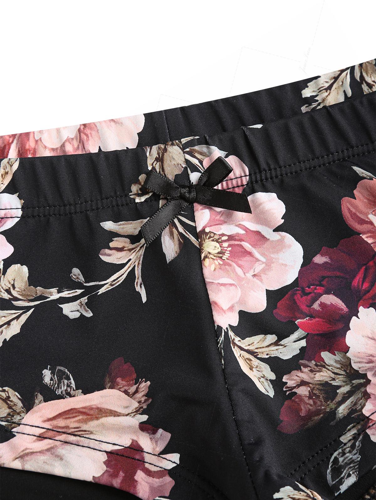 Black Floral Leaf Print Bowknot Bikini Bottom Cheeky Swim Boyshorts - Image 3