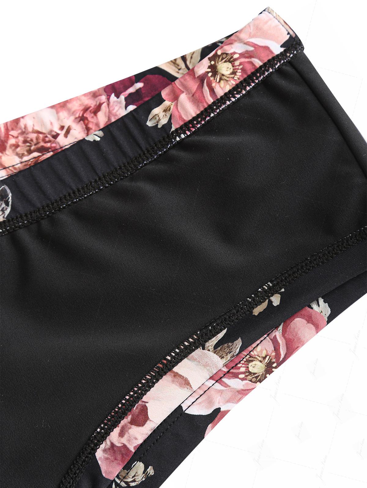Black Floral Leaf Print Bowknot Bikini Bottom Cheeky Swim Boyshorts - Image 5