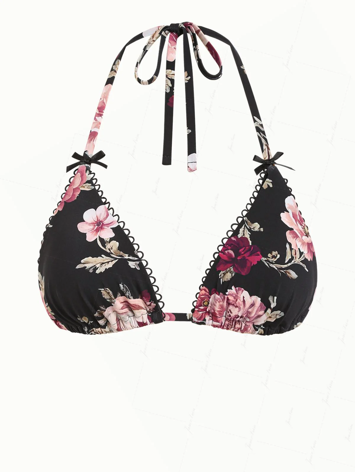 Black Floral Leaf Print Picot Trim Bowknot Halter Triangle Bikini Top