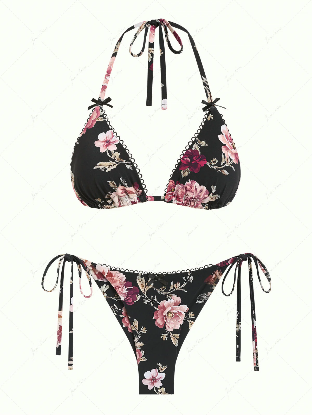 Black Floral Leaf Print Triangle Top & Cheeky Brazilian Bottom Bikini Set
