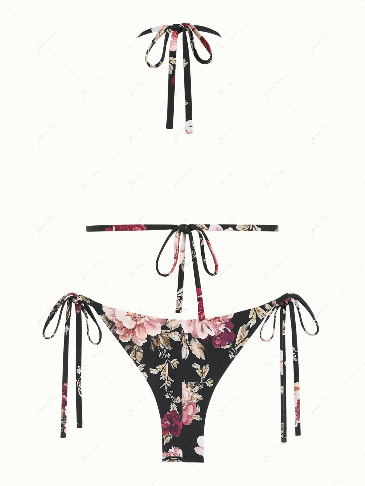 Black Floral Leaf Print Triangle Top & Cheeky Brazilian Bottom Bikini Set - Image 2