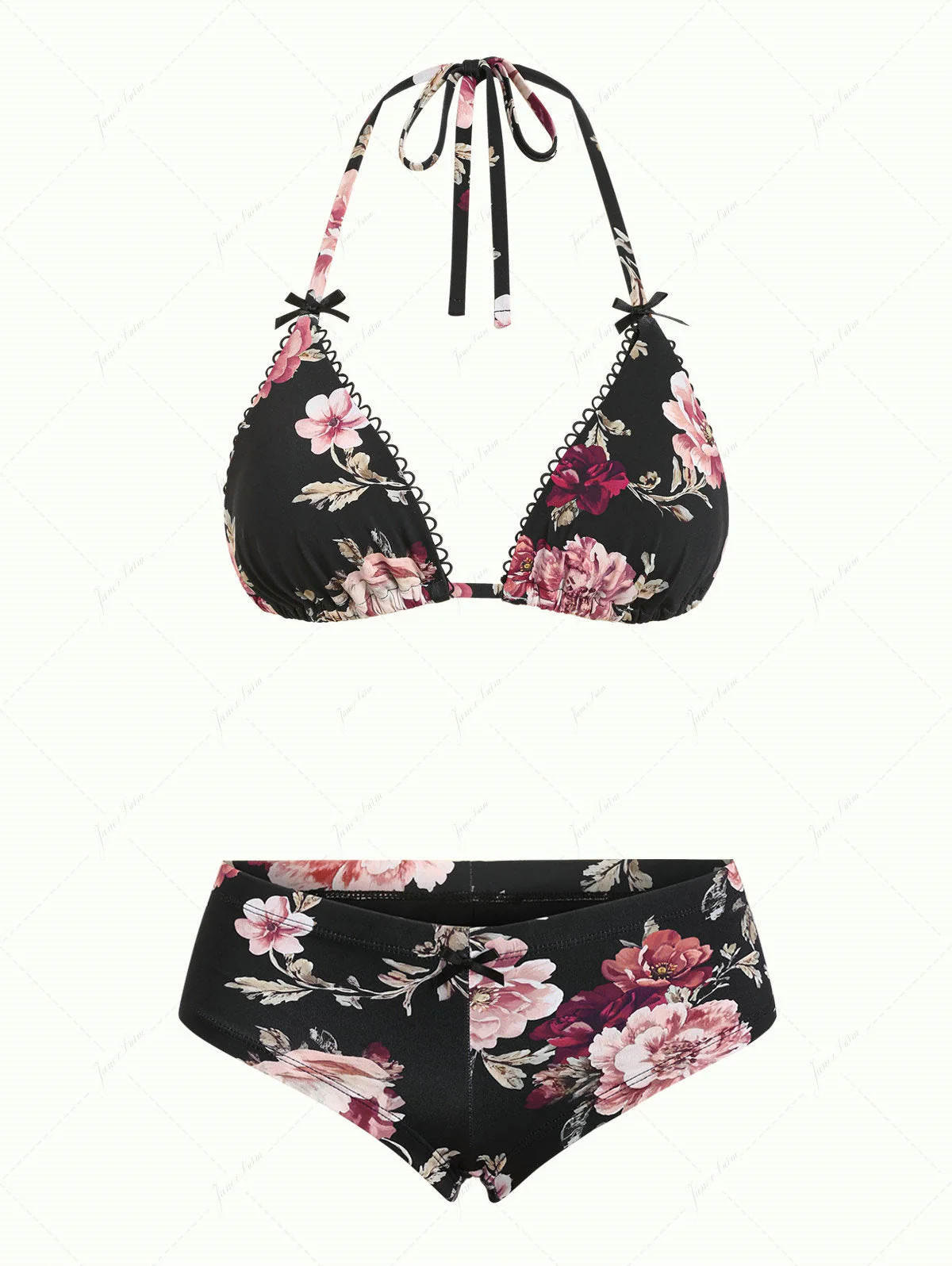 Black Floral Leaf Print Picot Trim Bowknot Triangle Cheeky Boyshorts Bikini Set