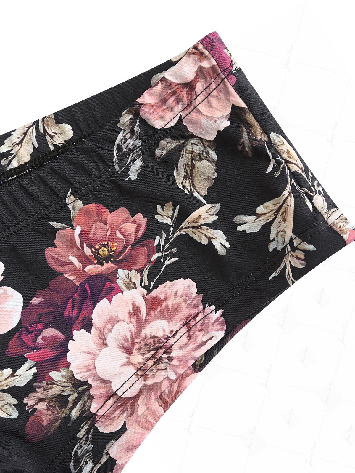 Black Floral Leaf Print Picot Trim Bowknot Triangle Cheeky Boyshorts Bikini Set - Image 6