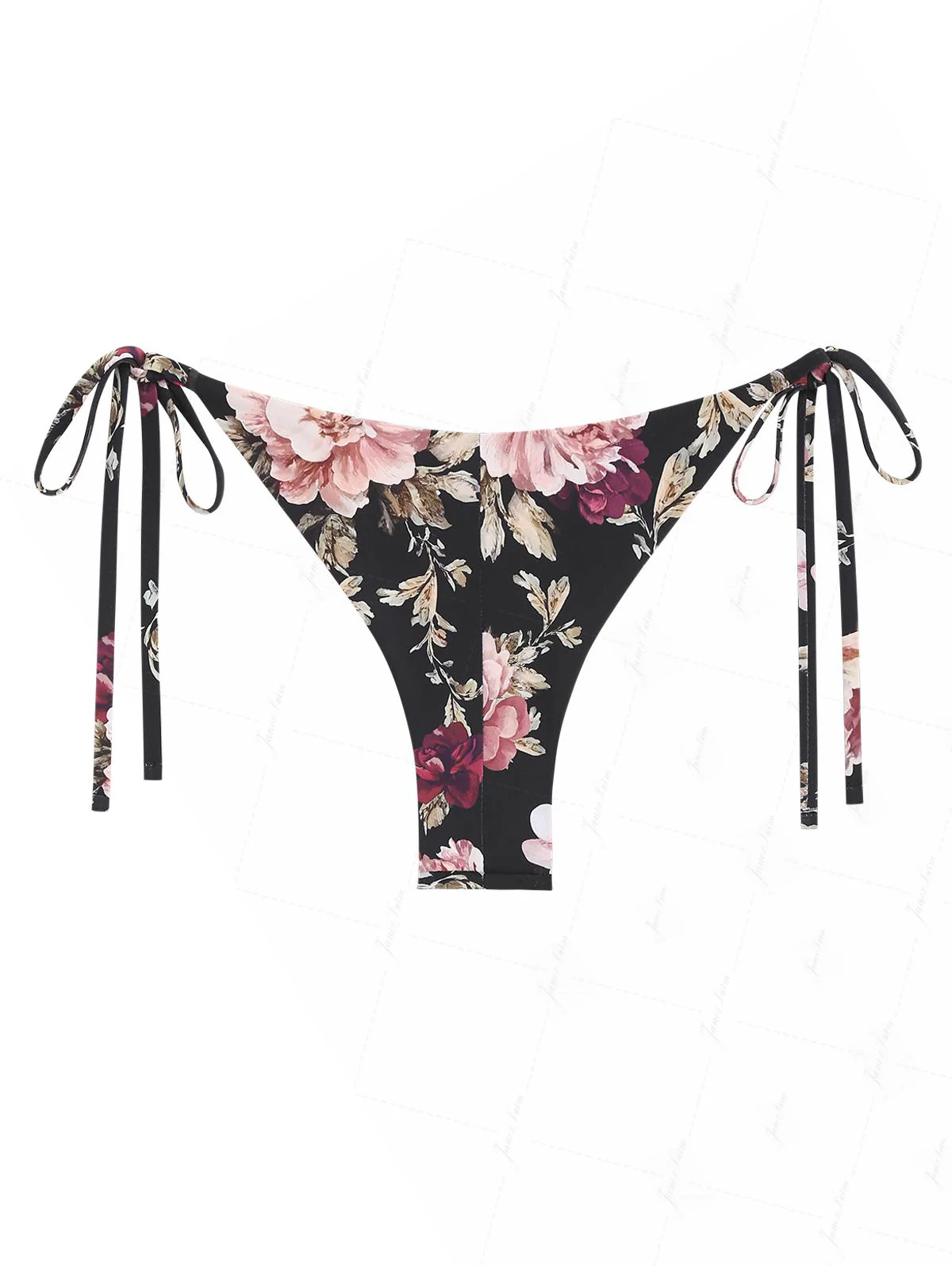 Black Floral Leaf Print Picot Trim String Cheeky Brazilian Bikini Bottom - Image 2