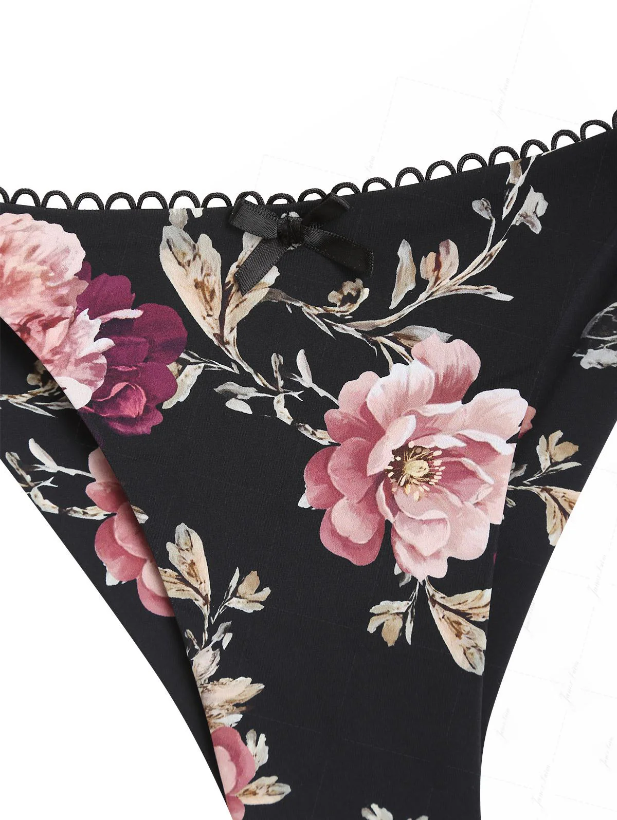 Black Floral Leaf Print Picot Trim String Cheeky Brazilian Bikini Bottom - Image 3