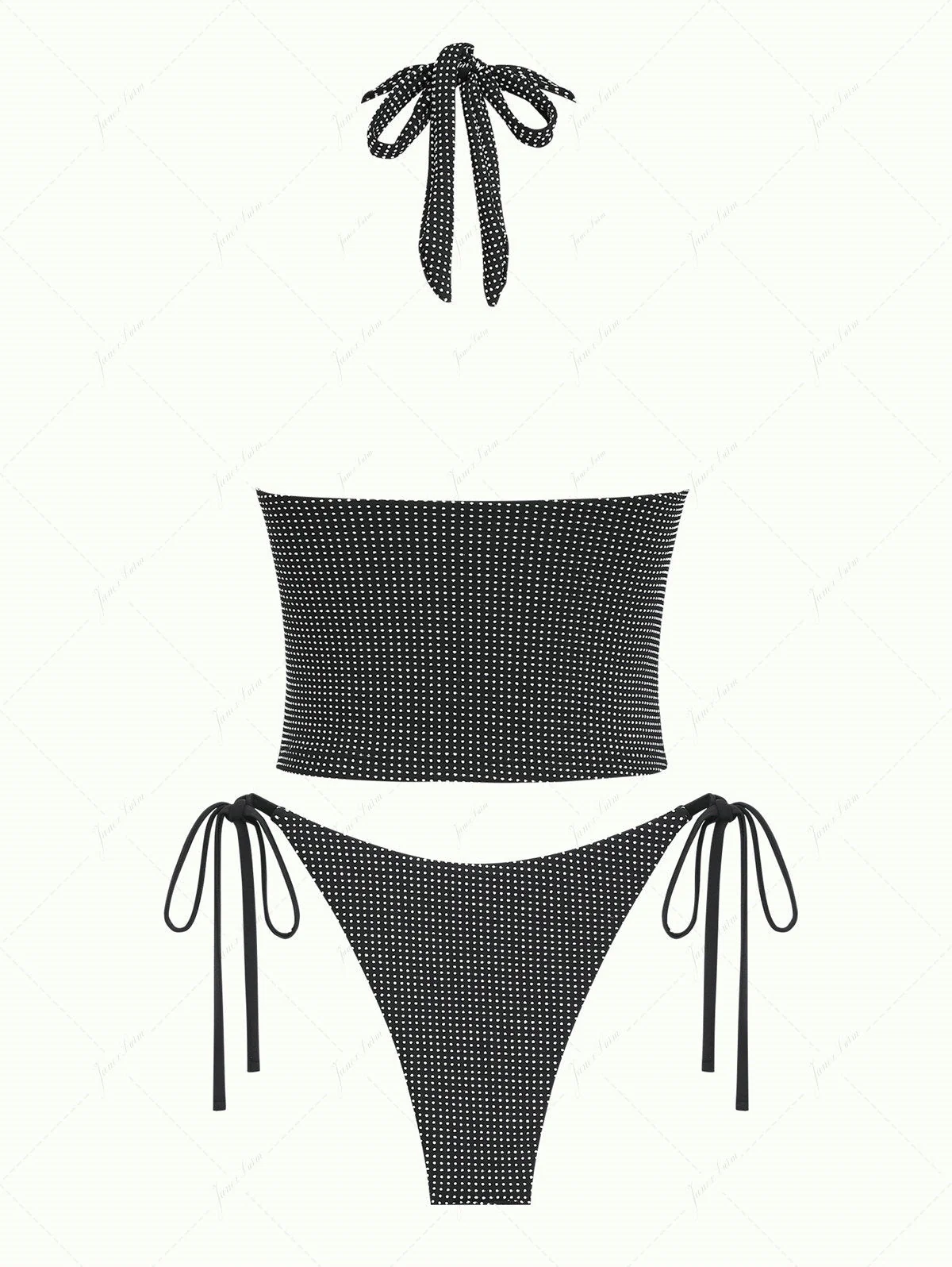 Schwarzes Tankini-Set aus Jacquard-Stoff mit Nadel-Punkt-Jacquard-Muster und Neckholder-Schleifen - Image 11