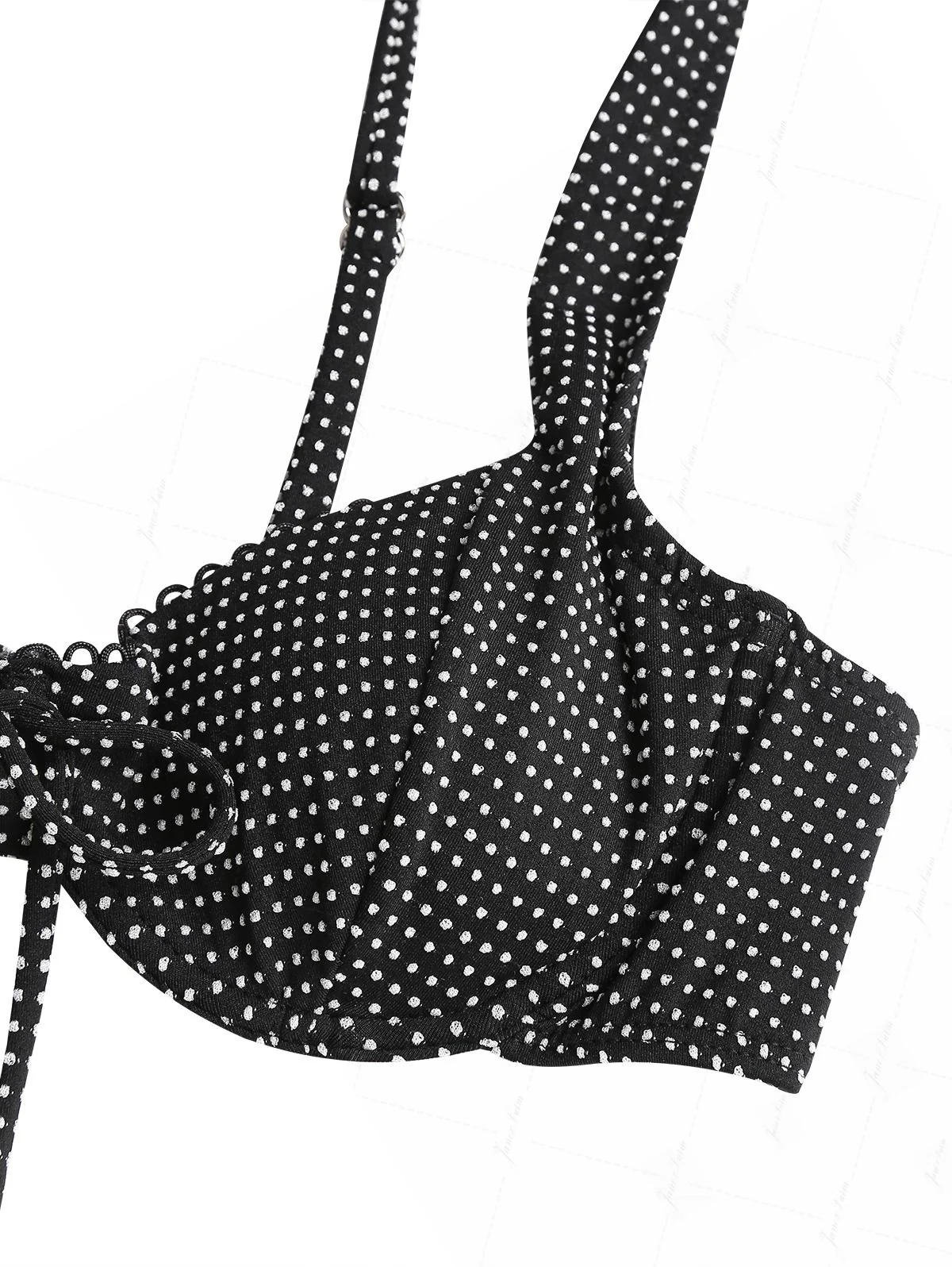 Janex Black Pin Dot Jacquard Fabric Picot Trim Underwire Bikini Set - Image 10