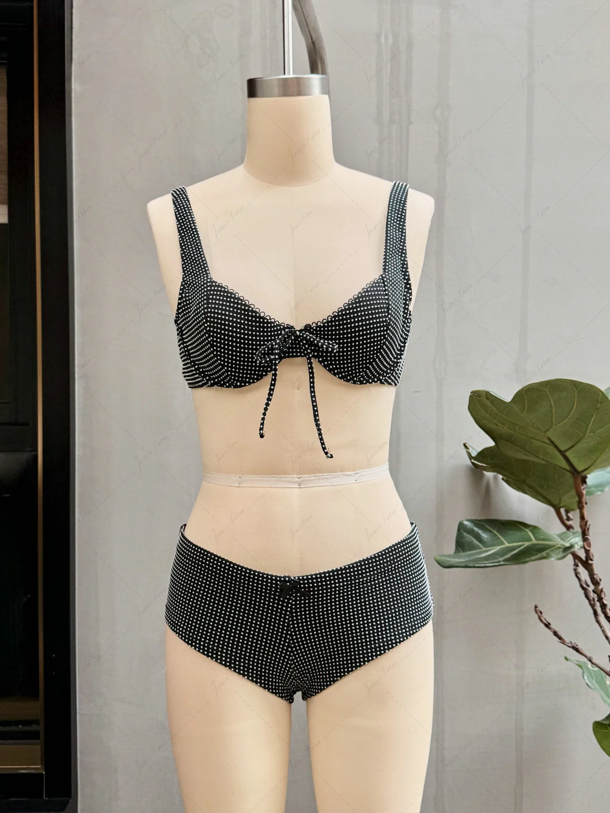 Janex Black Pin Dot Jacquard Fabric Picot Trim Underwire Bikini Set - Image 2