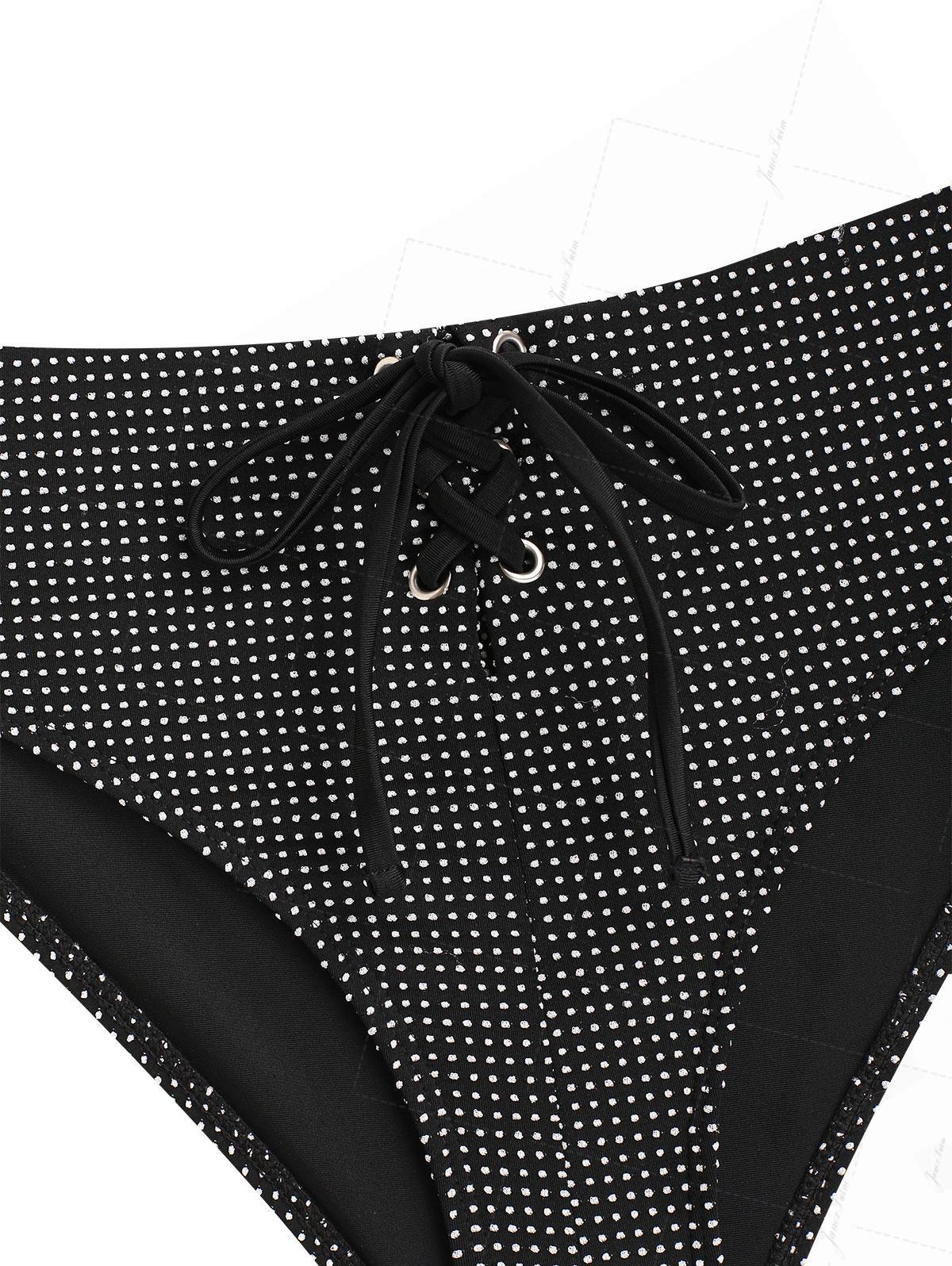 Schwarze Bikinihose mit Jacquardmuster, Ösen, Schnürung und Schleife (Pin Dot Jacquard, Ösen, Schleife) - Image 3