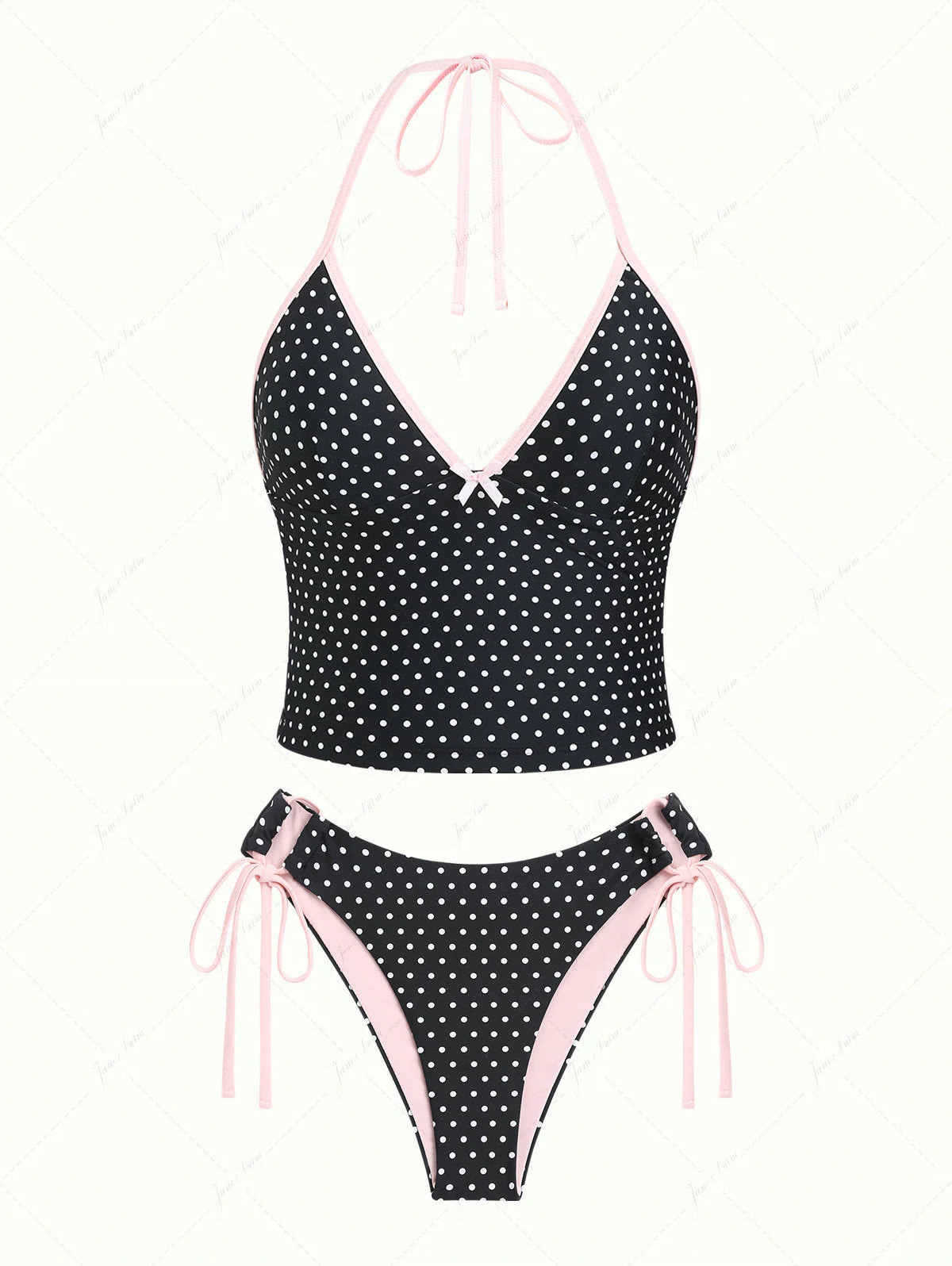 Black Polka Dot Print Bowknot Halter Cinched Tie Side Tankini Set