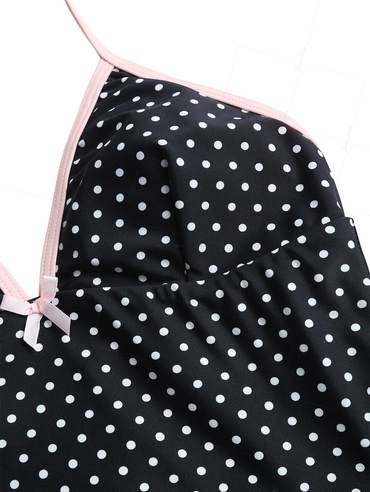 Black Polka Dot Print Bowknot Halter Cinched Tie Side Tankini Set - Image 6