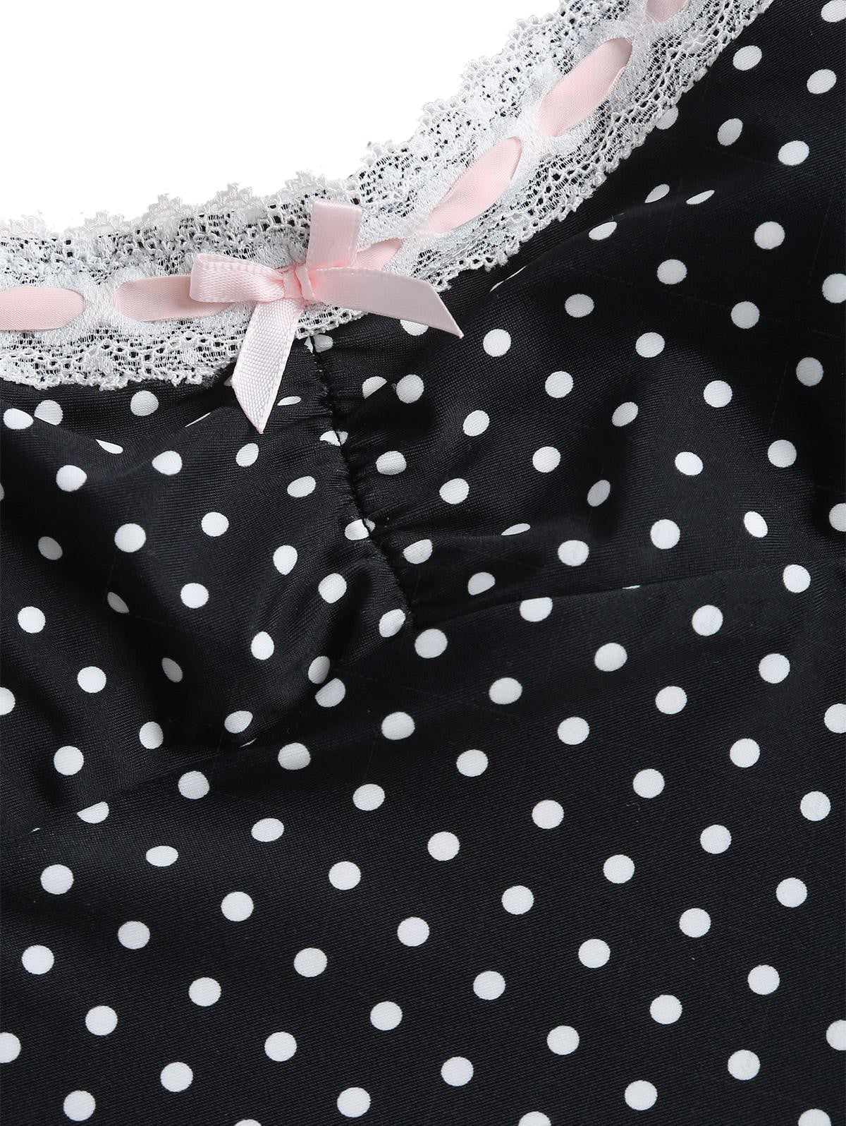 Vintage Tankini-Top aus schwarzem Polka-Dot-Spitzenstoff mit Schleife - Image 9