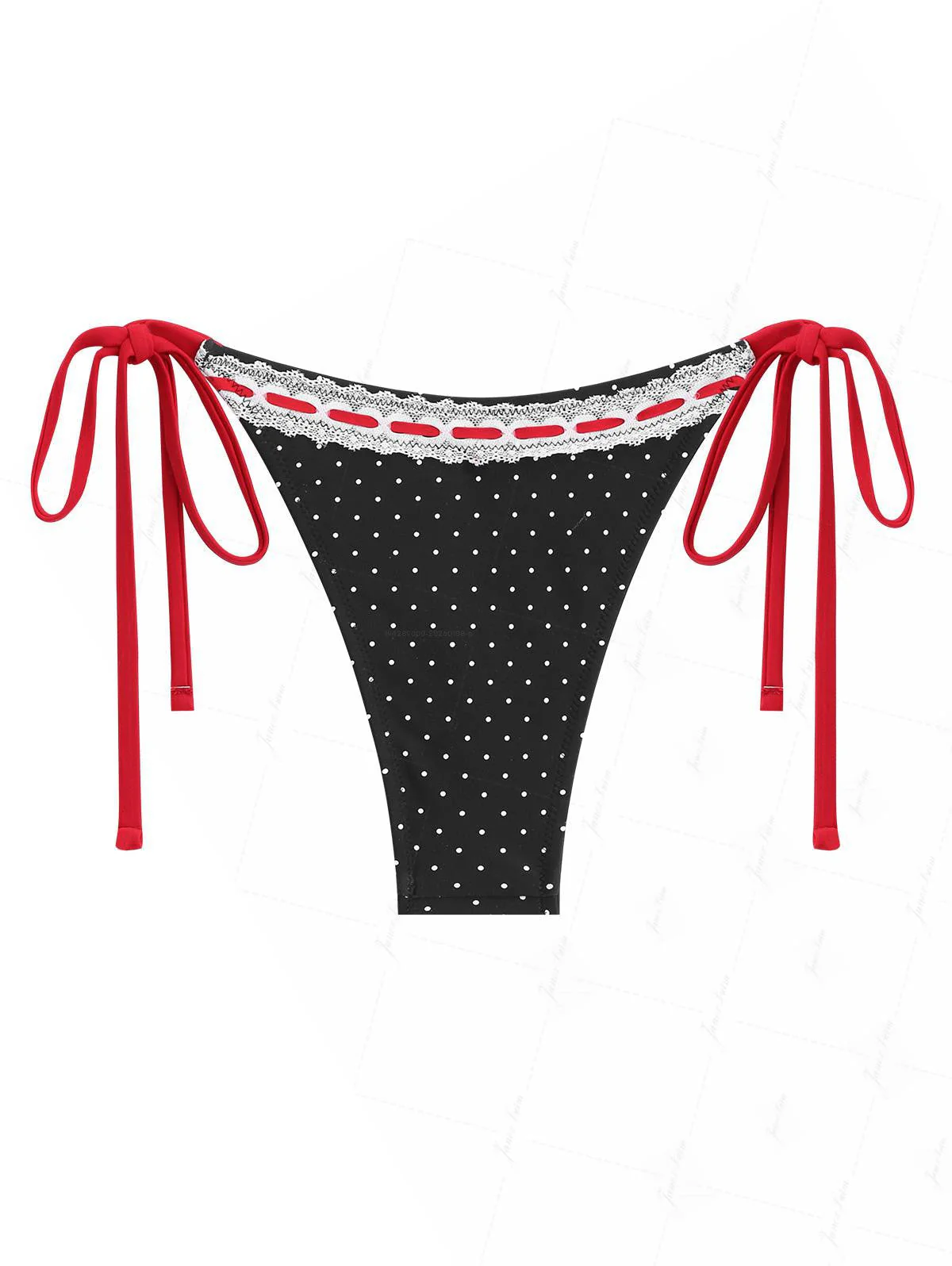 Schwarzes Bikinihöschen mit Vintage-Spitzenschleife und Vintage-Schleifenverschluss im Vintage-Stil mit Polka-Dot-Print an der Seite - Image 2
