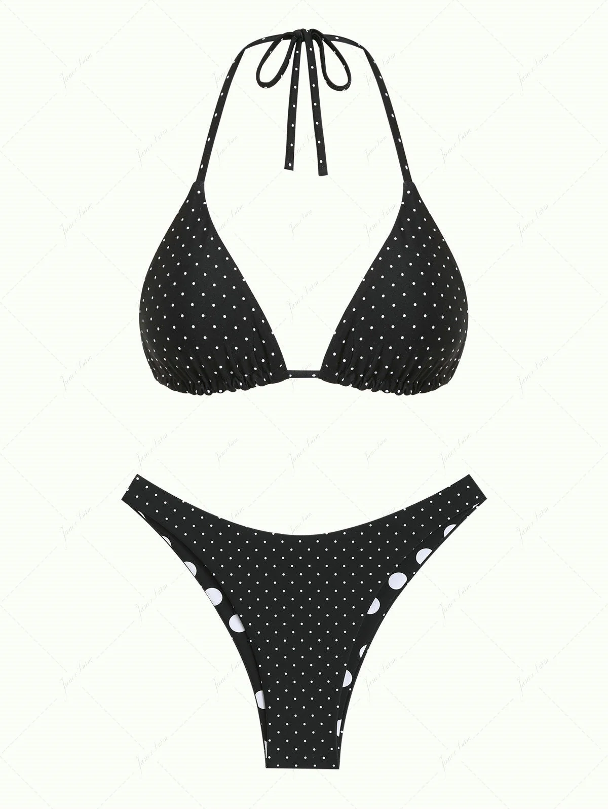 Black Polka Dot Print Halter Triangle Reversible Bikini Set - Image 2