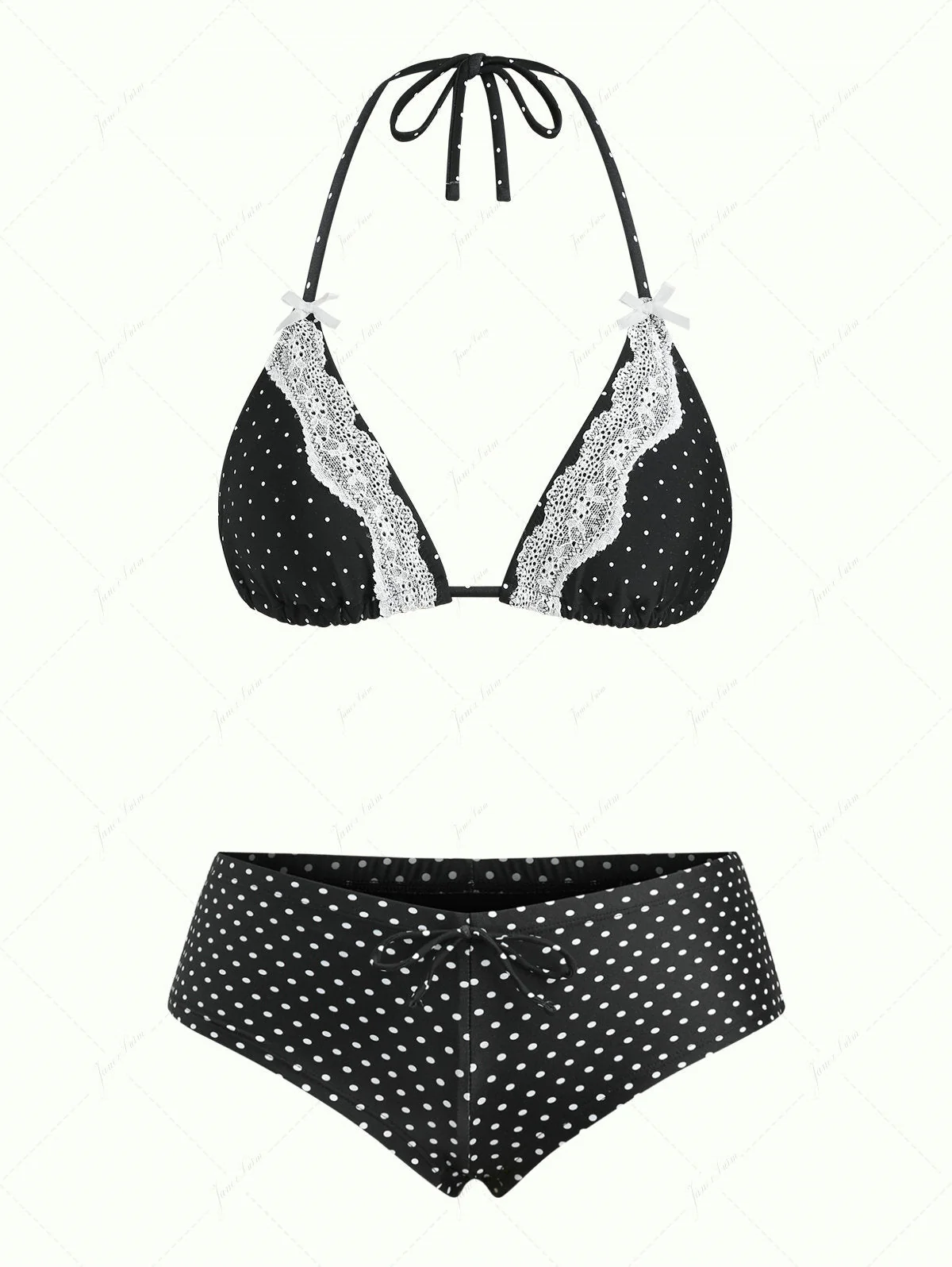 Janex Black Polka Dot Print Lace Bowknot Triangle Cheeky Boyshorts Bikini Set