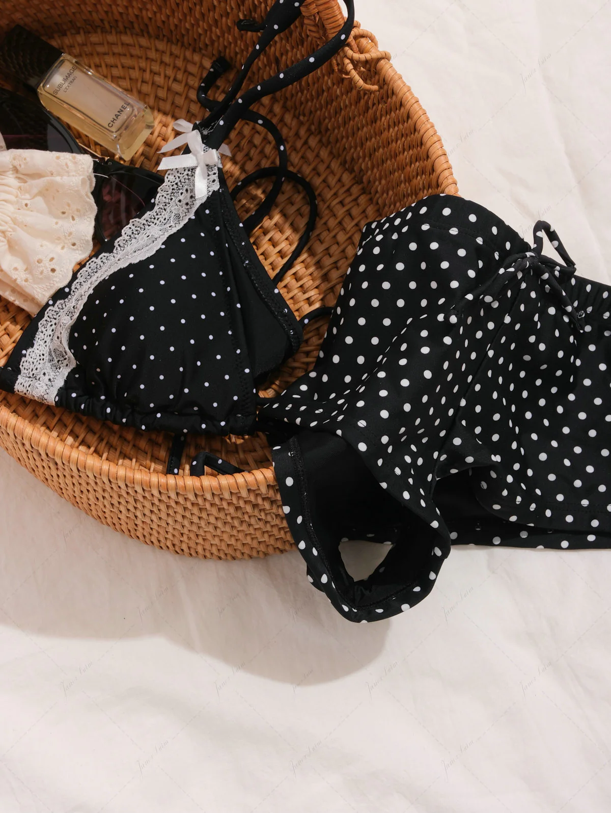 Janex Black Polka Dot Print Lace Bowknot Triangle Cheeky Boyshorts Bikini Set - Image 10