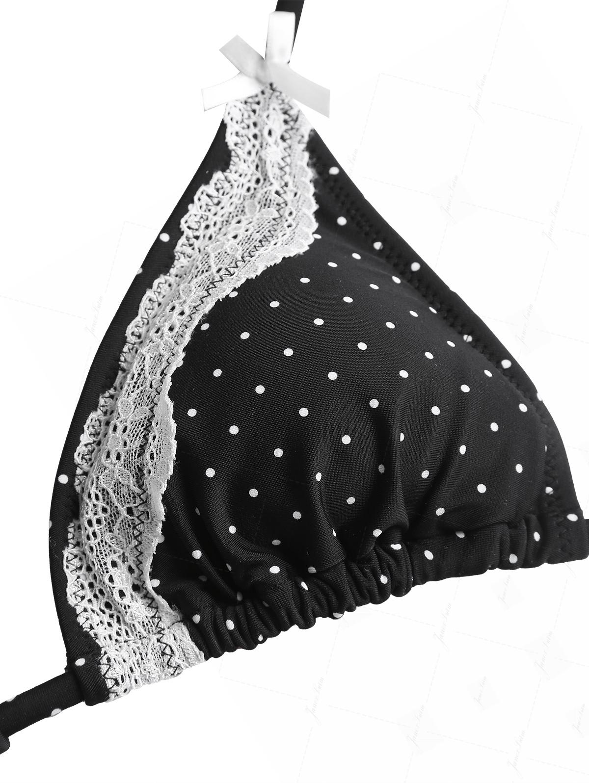 Janex Black Polka Dot Print Lace Bowknot Triangle Cheeky Boyshorts Bikini Set - Image 14